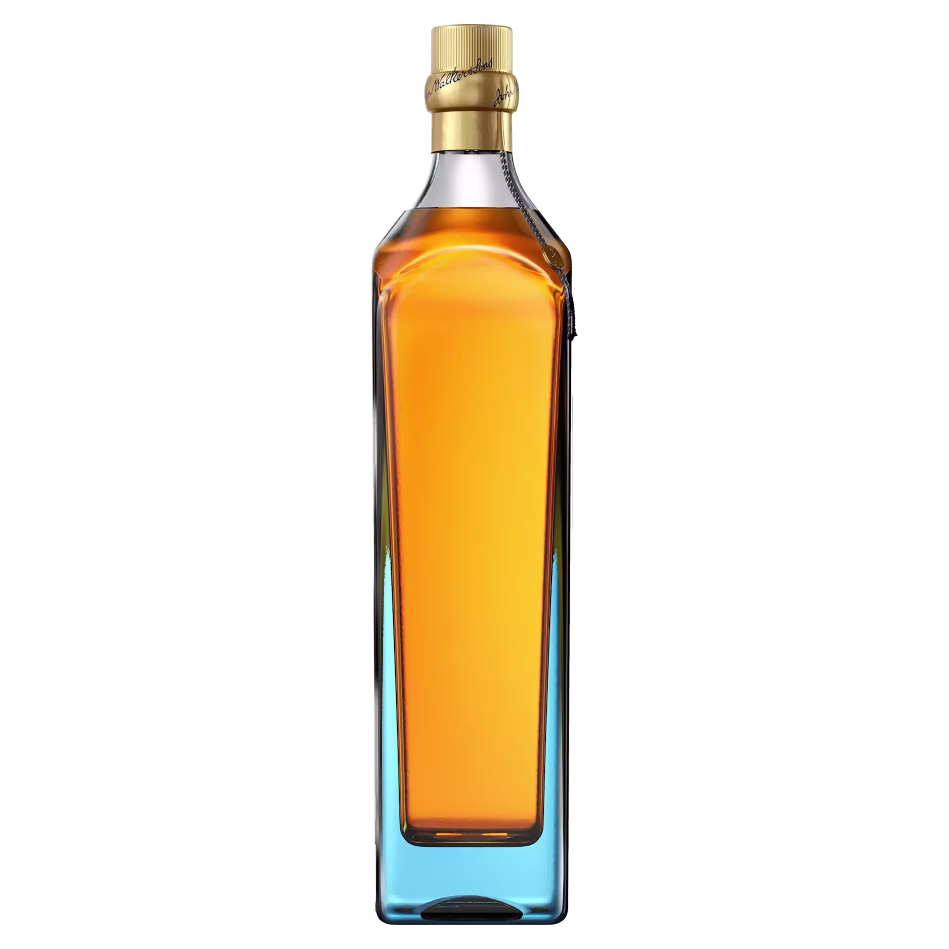 A full bottle of whisky with a golden cap and distinctive angular glass design, filled with amber liquid, standing upright against a plain background.