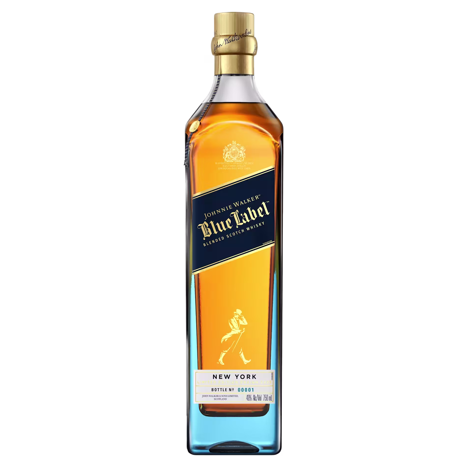 A bottle of Johnnie Walker Blue Label blended Scotch whisky, featuring a special New York edition label and gold cap, set against a black background.