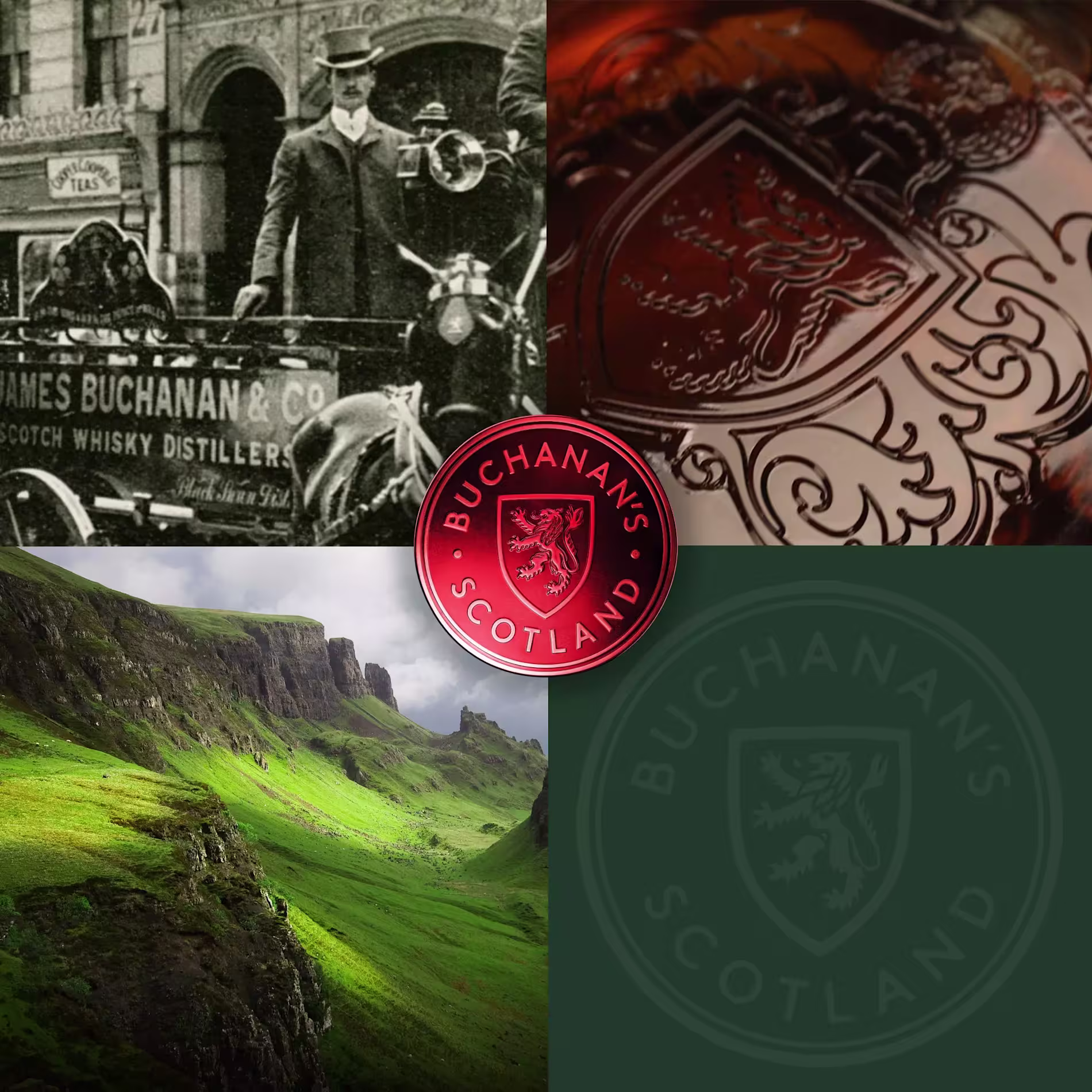 Collage with an old photo of a horse-drawn whisky cart, a close-up of an engraved crest, a scenic Scottish landscape, and Buchanan’s Scotland logo.