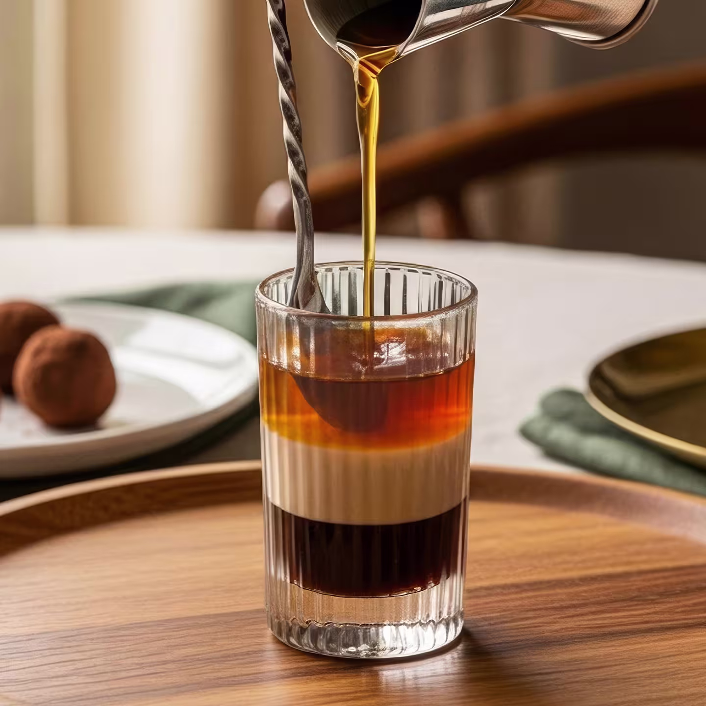 Se adaugă un al treilea strat portocaliu de lichior într-un pahar de shot.