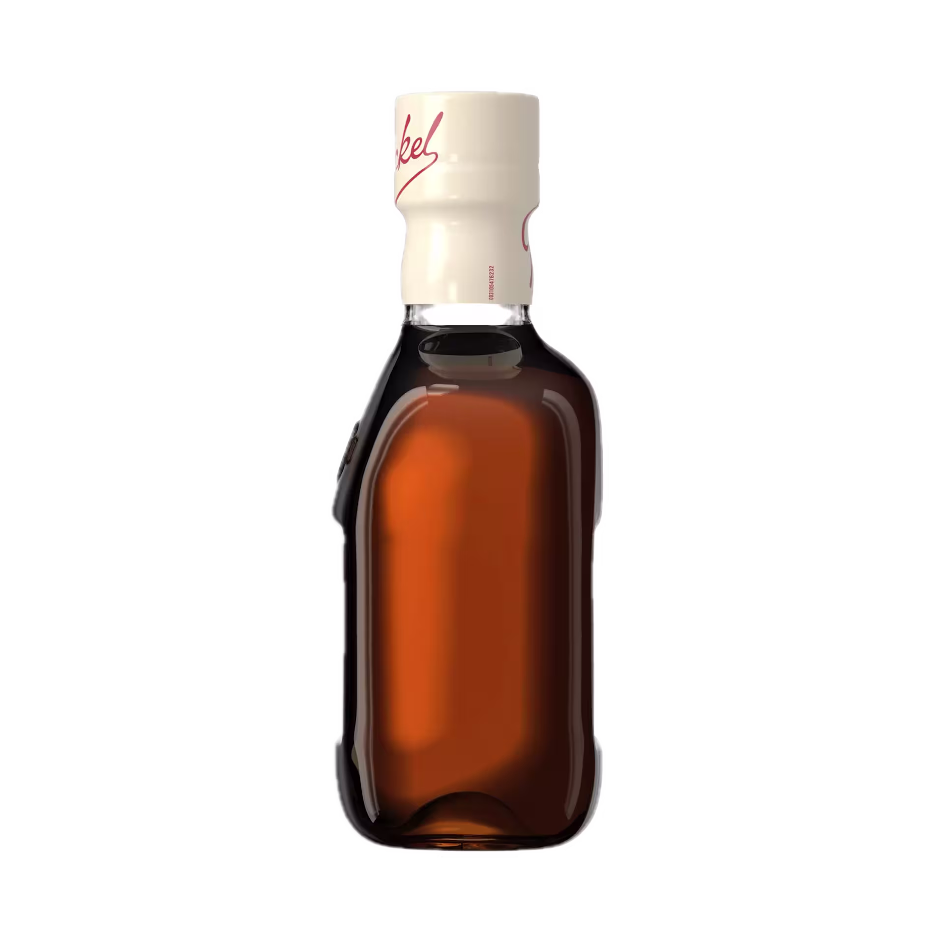 A clear glass bottle filled with brown liquid, sealed with a white cap featuring red text, is shown against a plain black background.