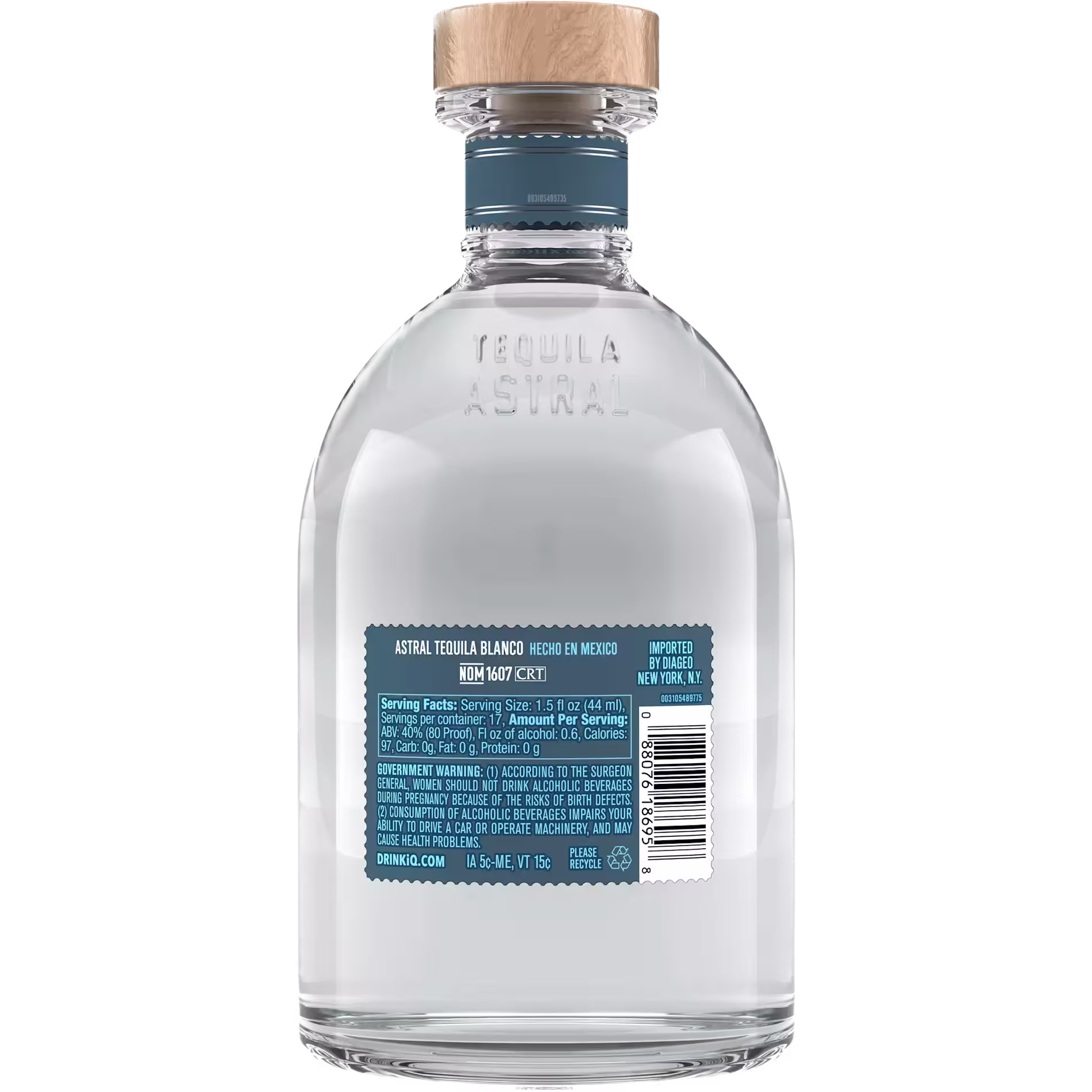 A clear glass bottle of Astral Tequila Blanco with a wooden cap, blue label, and barcode on the back.