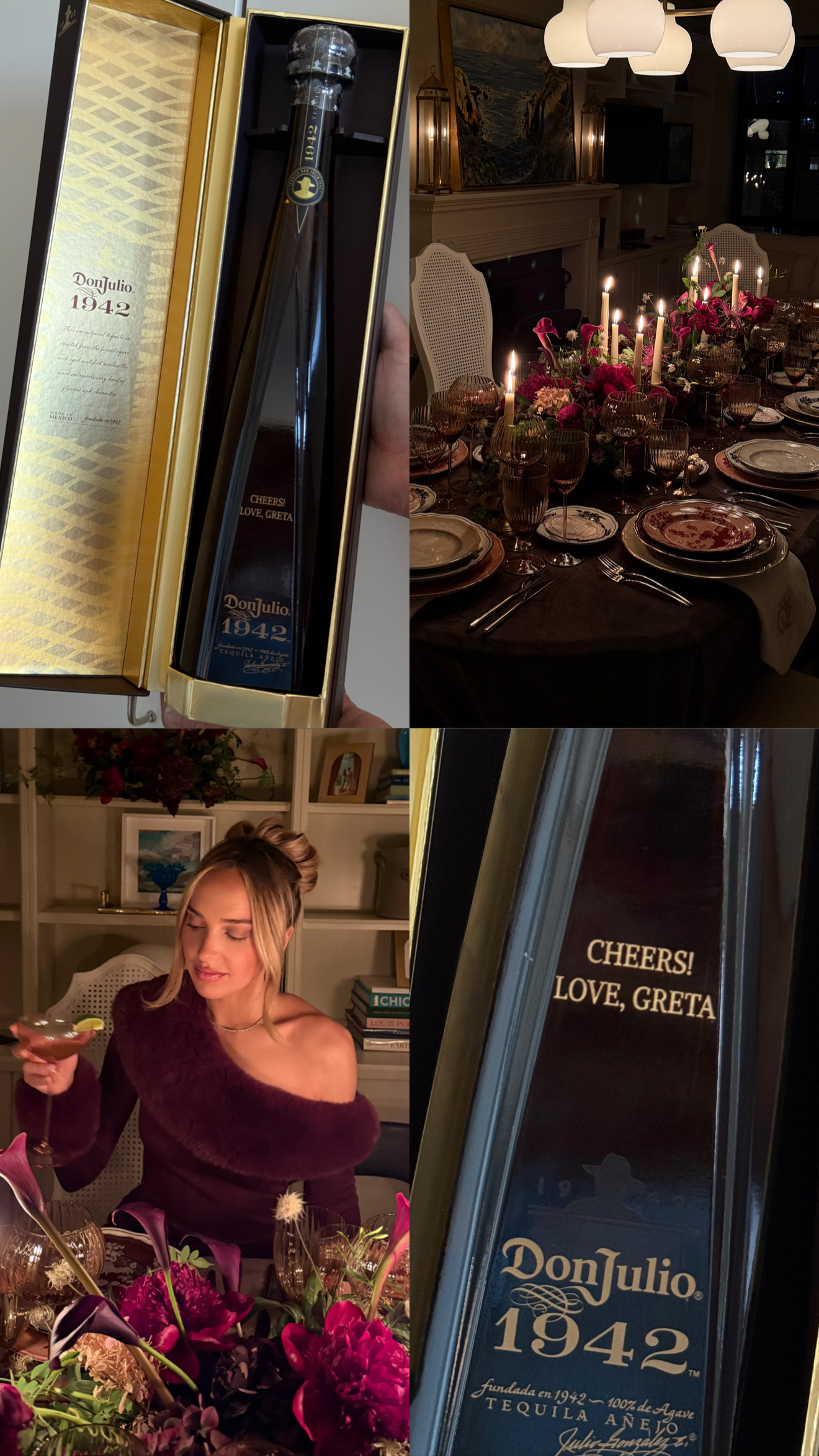 Four images: a personalized Don Julio 1942 tequila bottle in a gold box, a candlelit dinner table, a woman holding a drink, and a close-up of the bottle’s engraved message.