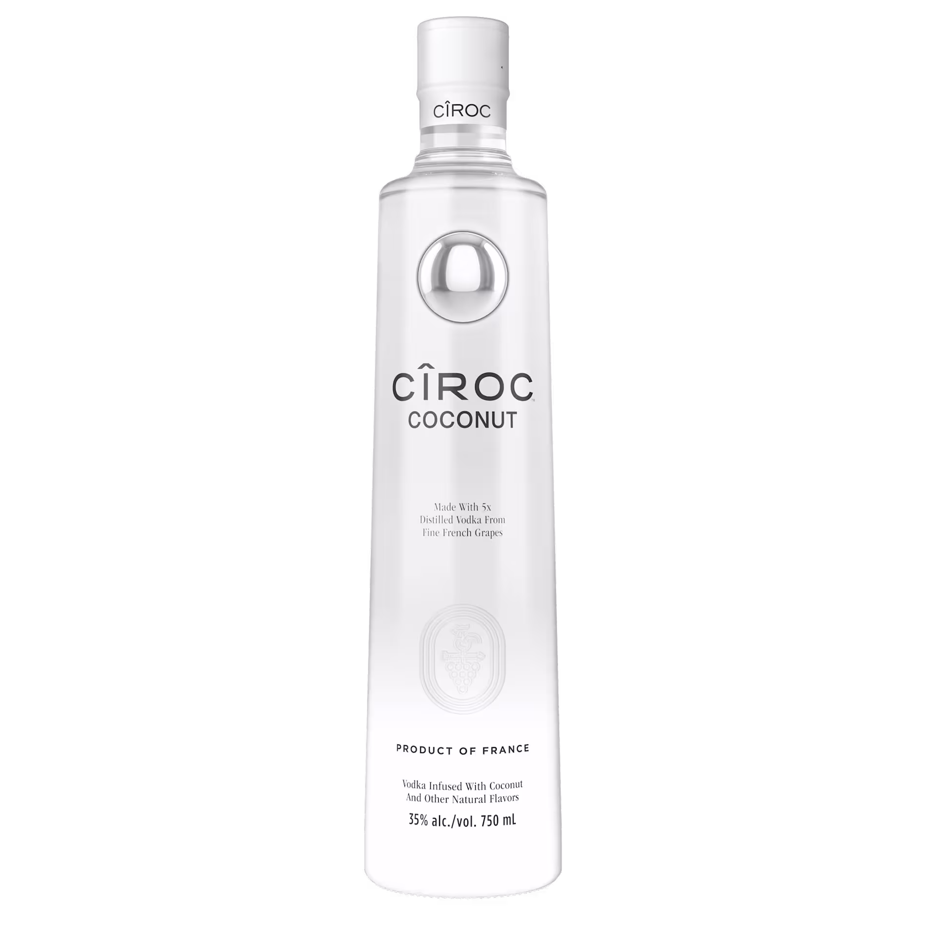 A bottle of Cîroc Coconut vodka, 750 ml, with clear labeling and a white and silver design, indicating 35% alcohol by volume and infused with coconut flavor.