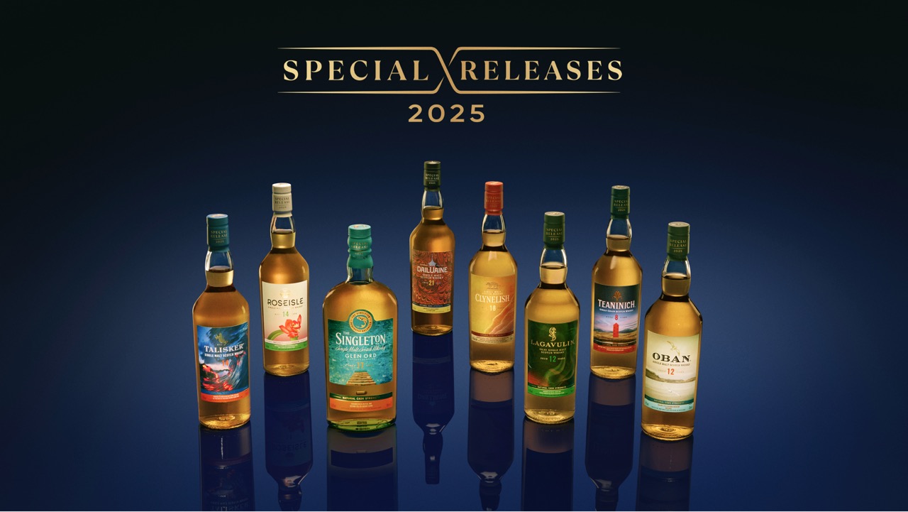 Eight bottles of whisky are displayed upright in a row under the text Special Releases 2025 on a dark blue background.