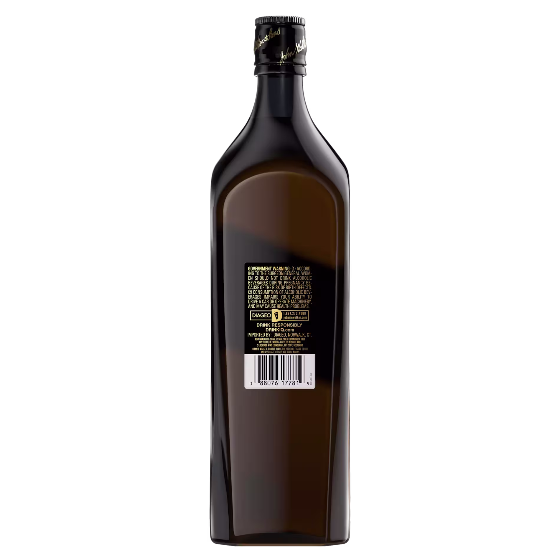 A rear view of a dark-colored liquor bottle showing a label with text, a barcode, and a warning, set against a plain black background.