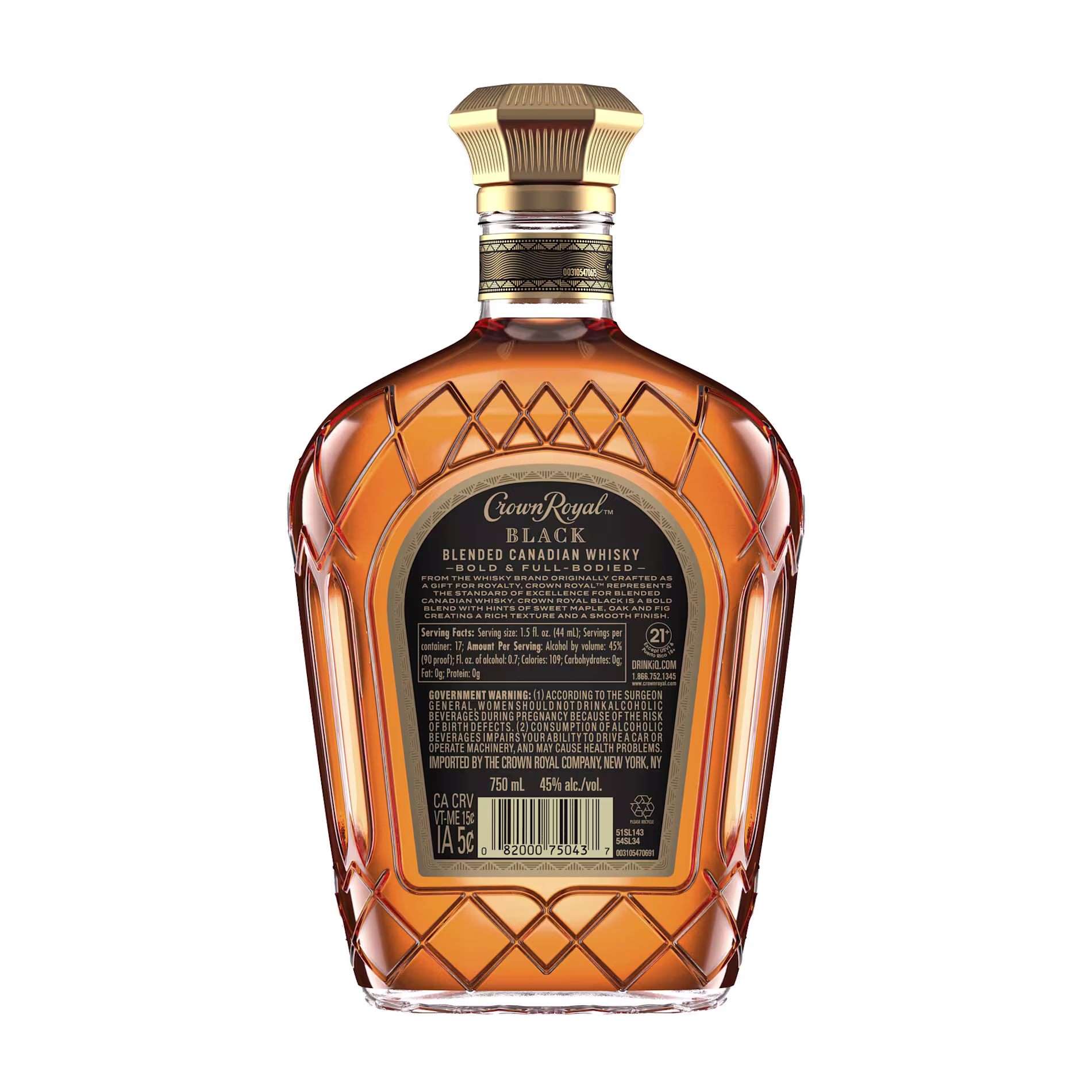 A 750ml bottle of Crown Royal Black Blended Canadian Whisky shown from the back, displaying the label with product and alcohol information.