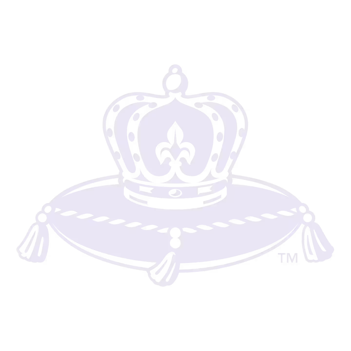 A stylized crown with a fleur-de-lis in the center rests on a round, tasseled cushion with a rope trim.