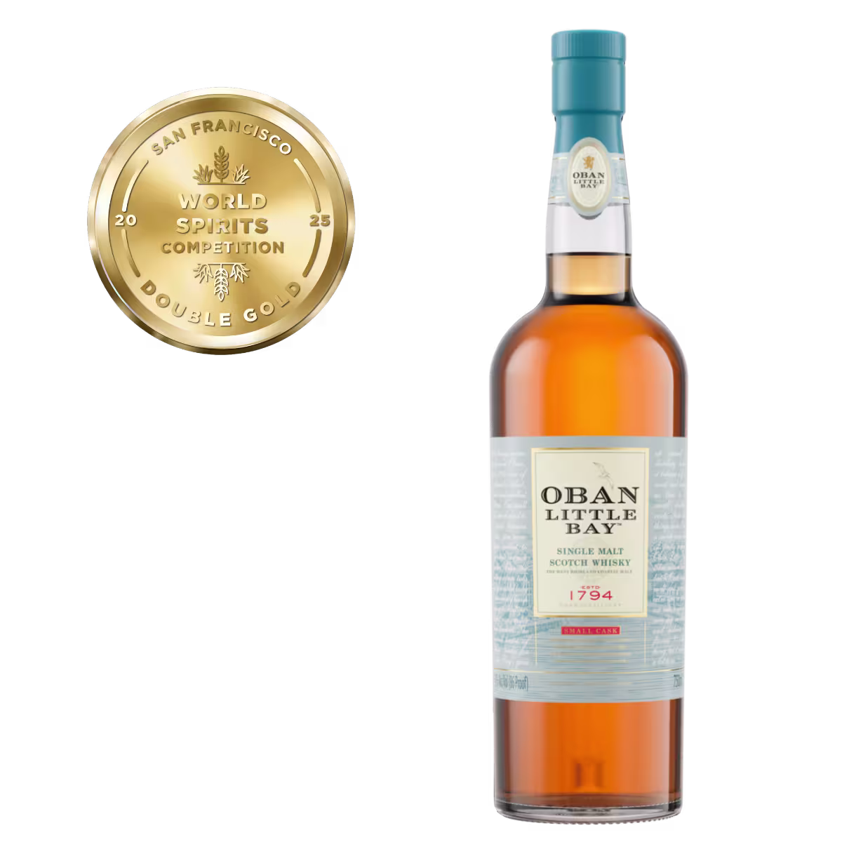 A bottle of Oban Little Bay Single Malt Scotch Whisky next to a gold medal from the 2023 San Francisco World Spirits Competition.