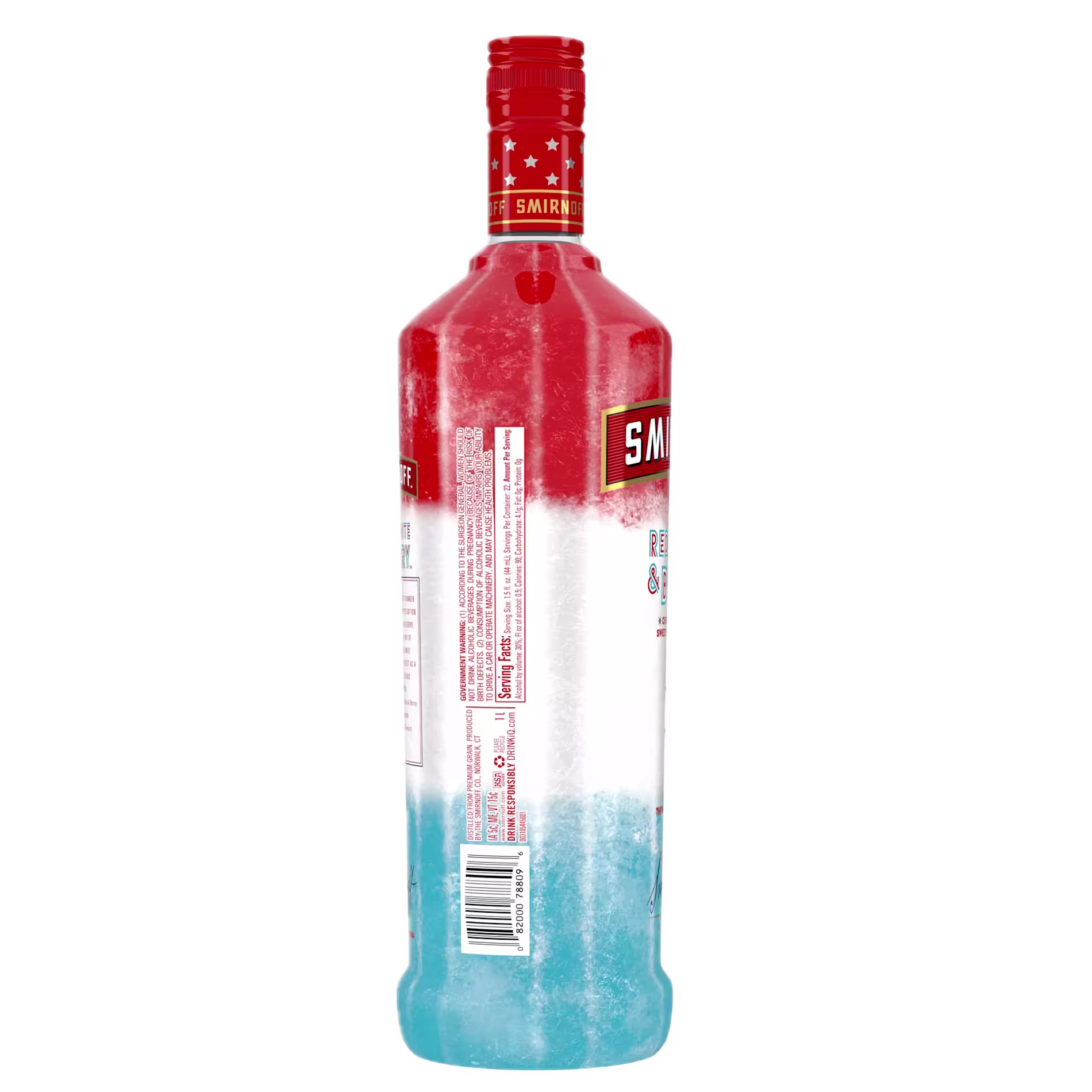 A bottle of Smirnoff Red, White & Berry vodka with a frosted effect and red, white, and blue coloring from top to bottom.