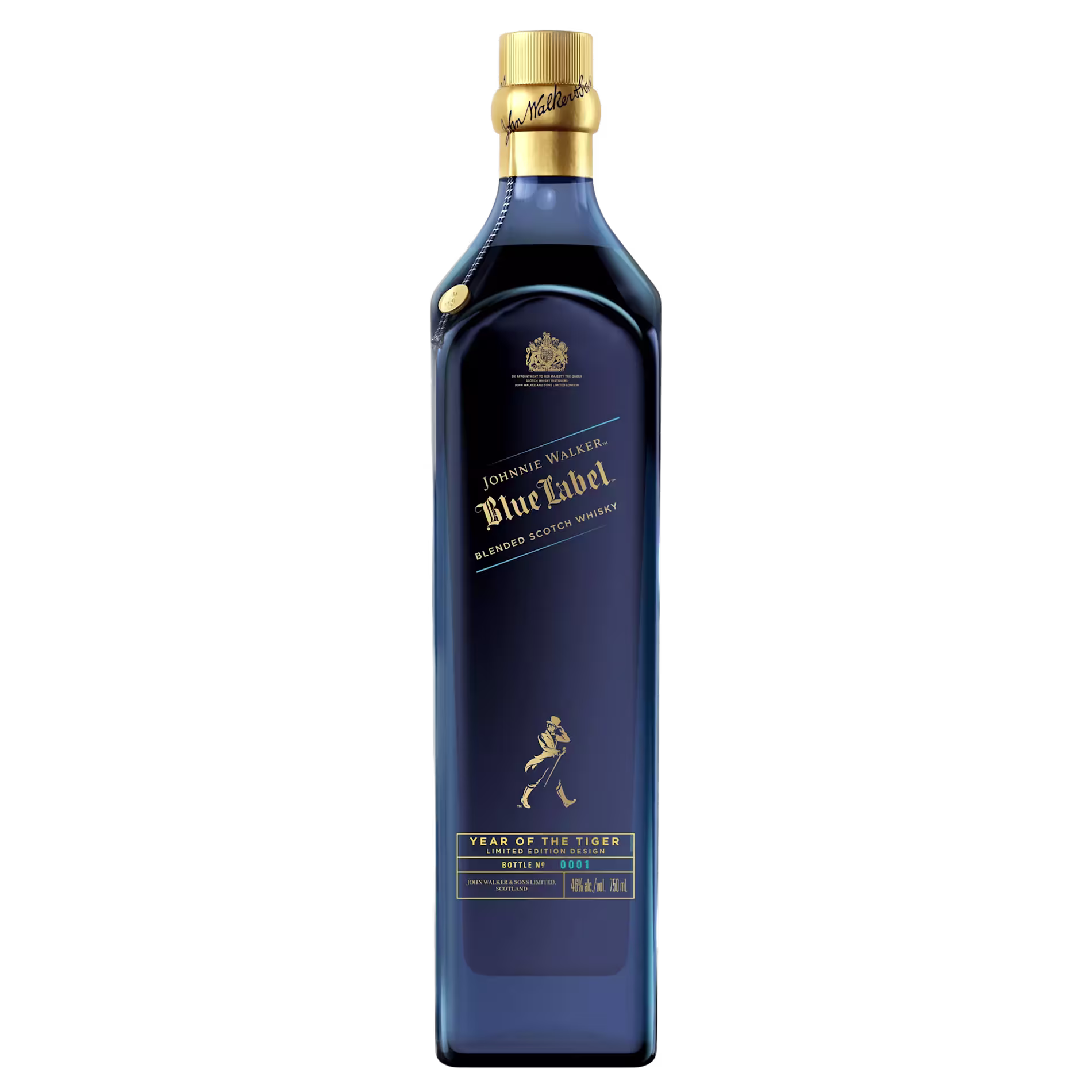 A bottle of Johnnie Walker Blue Label blended Scotch whisky with a gold cap, blue label, and Year of the Tiger branding at the bottom.