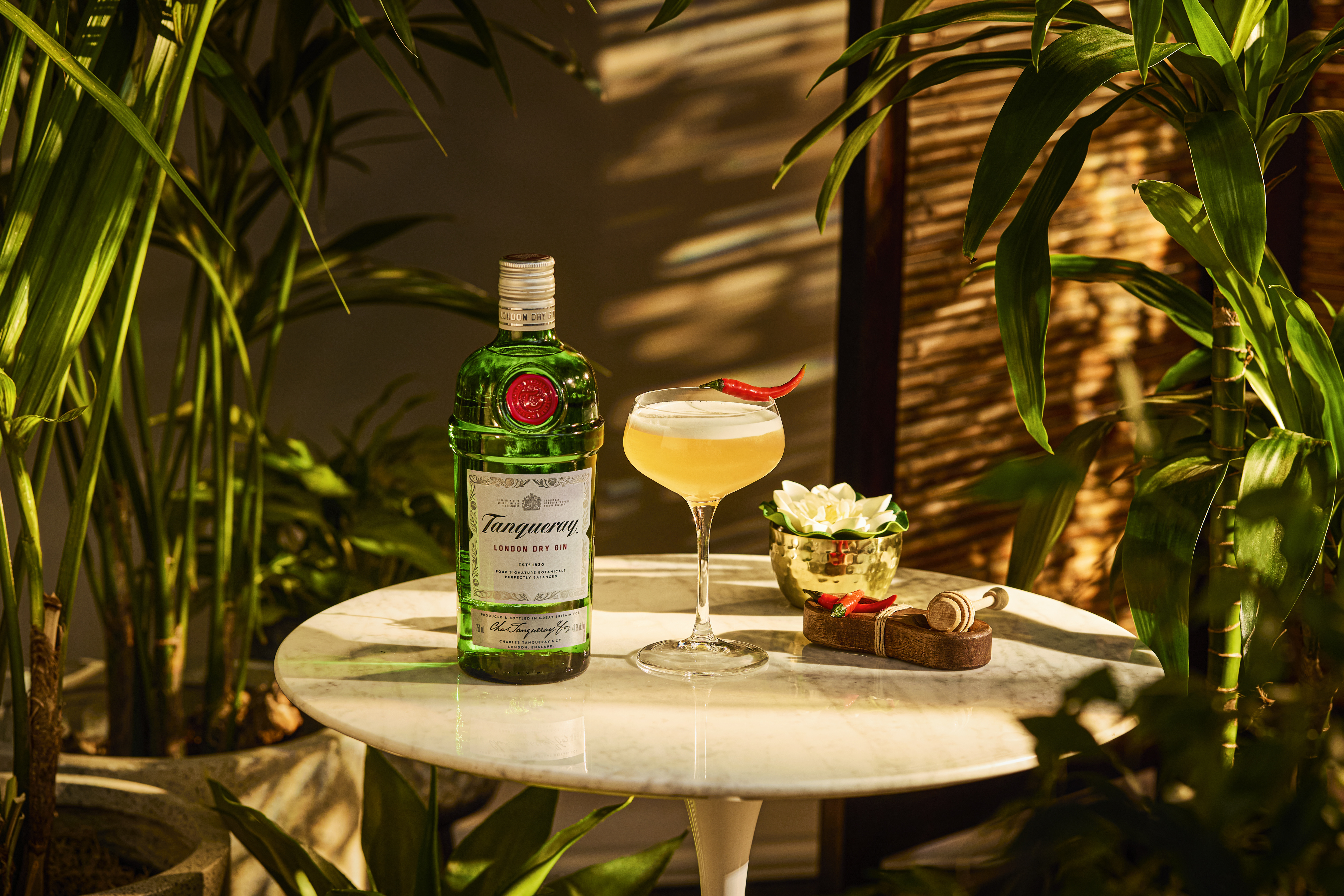 A bottle of Tanqueray gin, a cocktail in a coupe glass with a chili garnish, and a flower bowl sit on a round marble table surrounded by green plants.