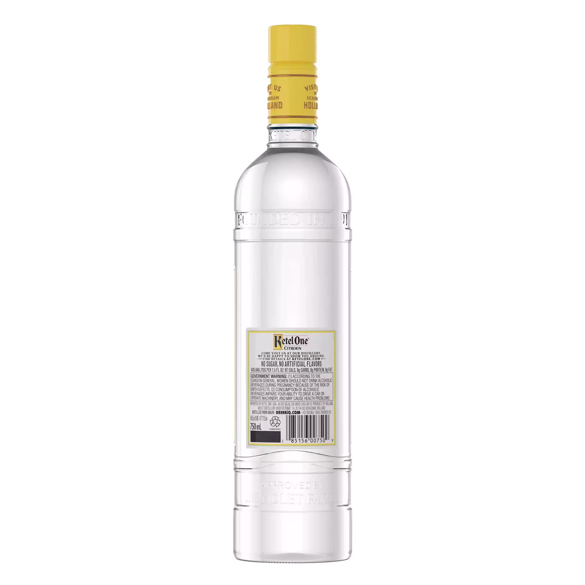 A clear glass bottle of Ketel One Vodka with a yellow cap, shown from the back displaying the label and product information.