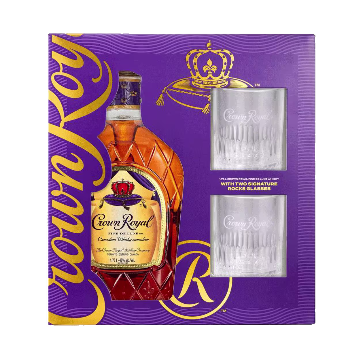 Crown Royal whisky gift set featuring a bottle of Crown Royal Deluxe and two signature rocks glasses in purple and gold packaging.