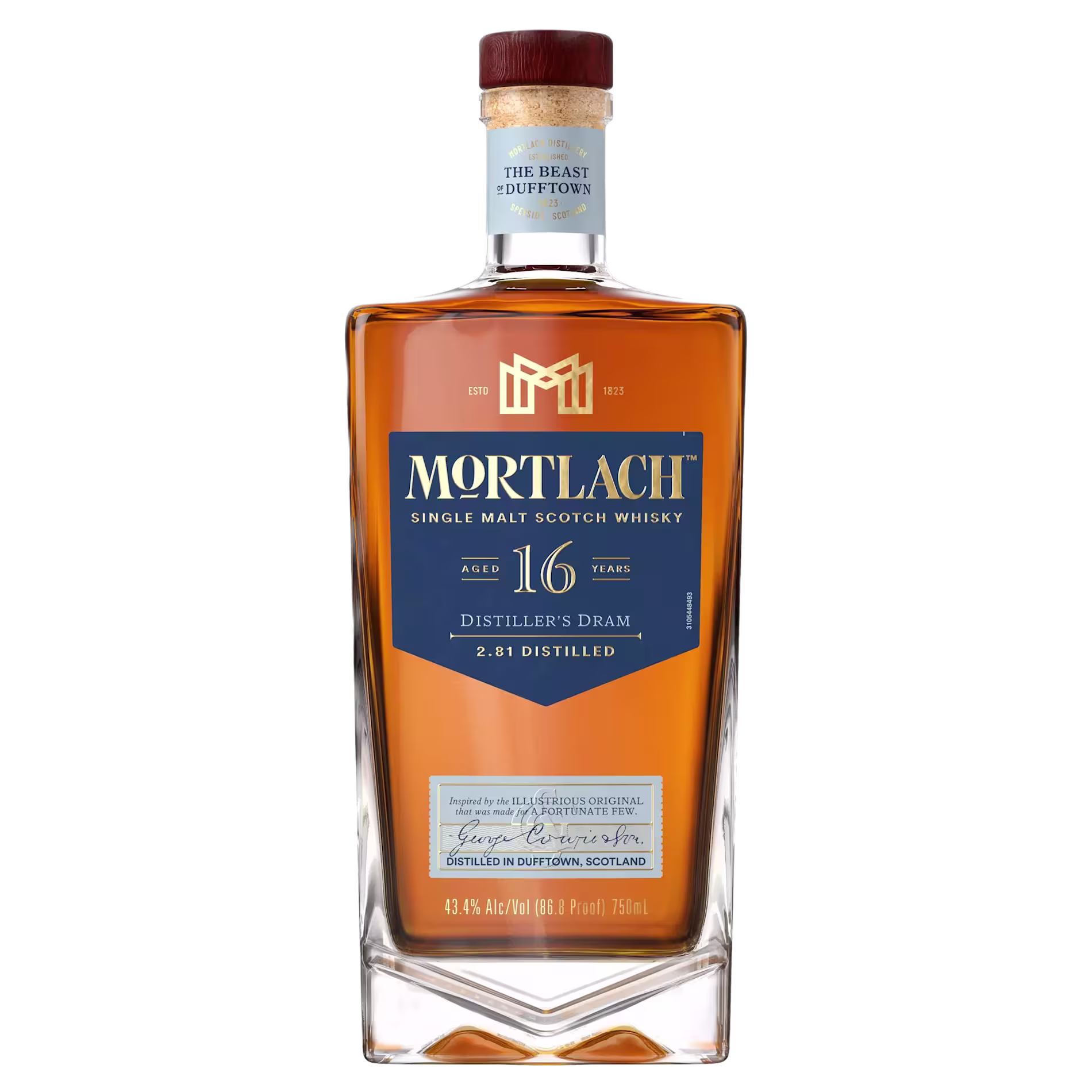 A bottle of Mortlach 16 Year Old Single Malt Scotch Whisky with a blue and gold label, 43.4% ABV, 750ml.