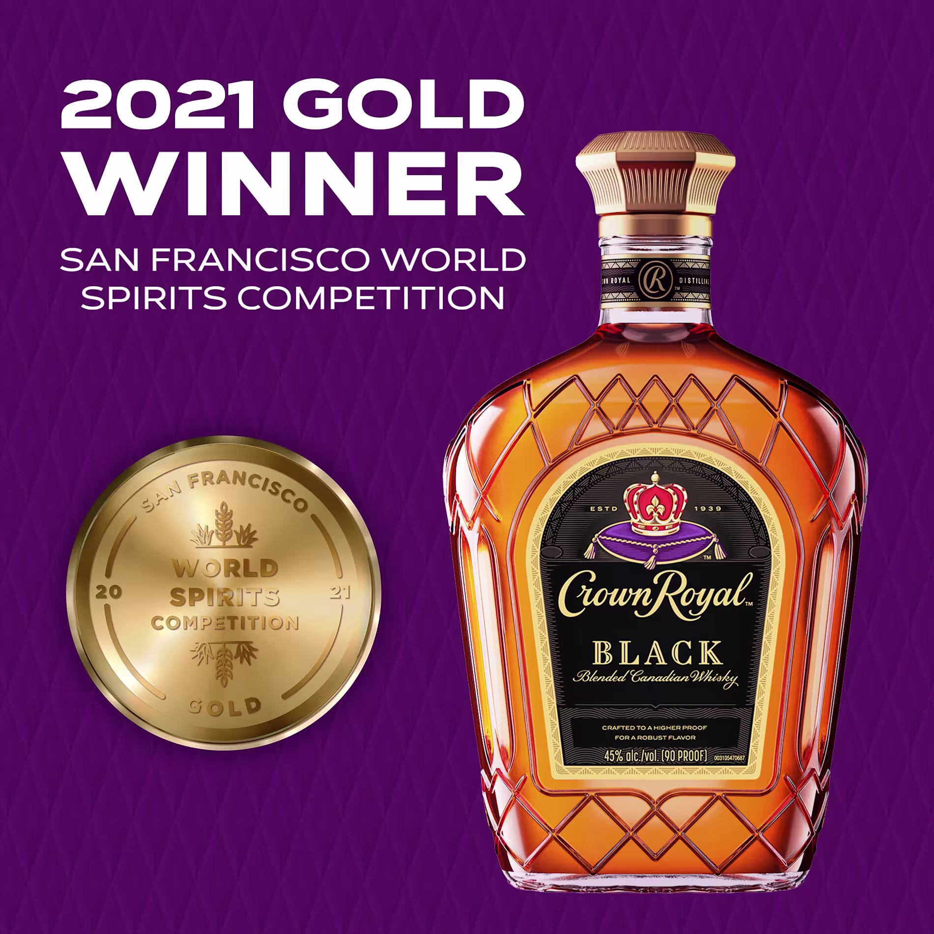Crown Royal Black bottle with a gold medal, labeled as the 2021 Gold Winner at the San Francisco World Spirits Competition, on a purple background.