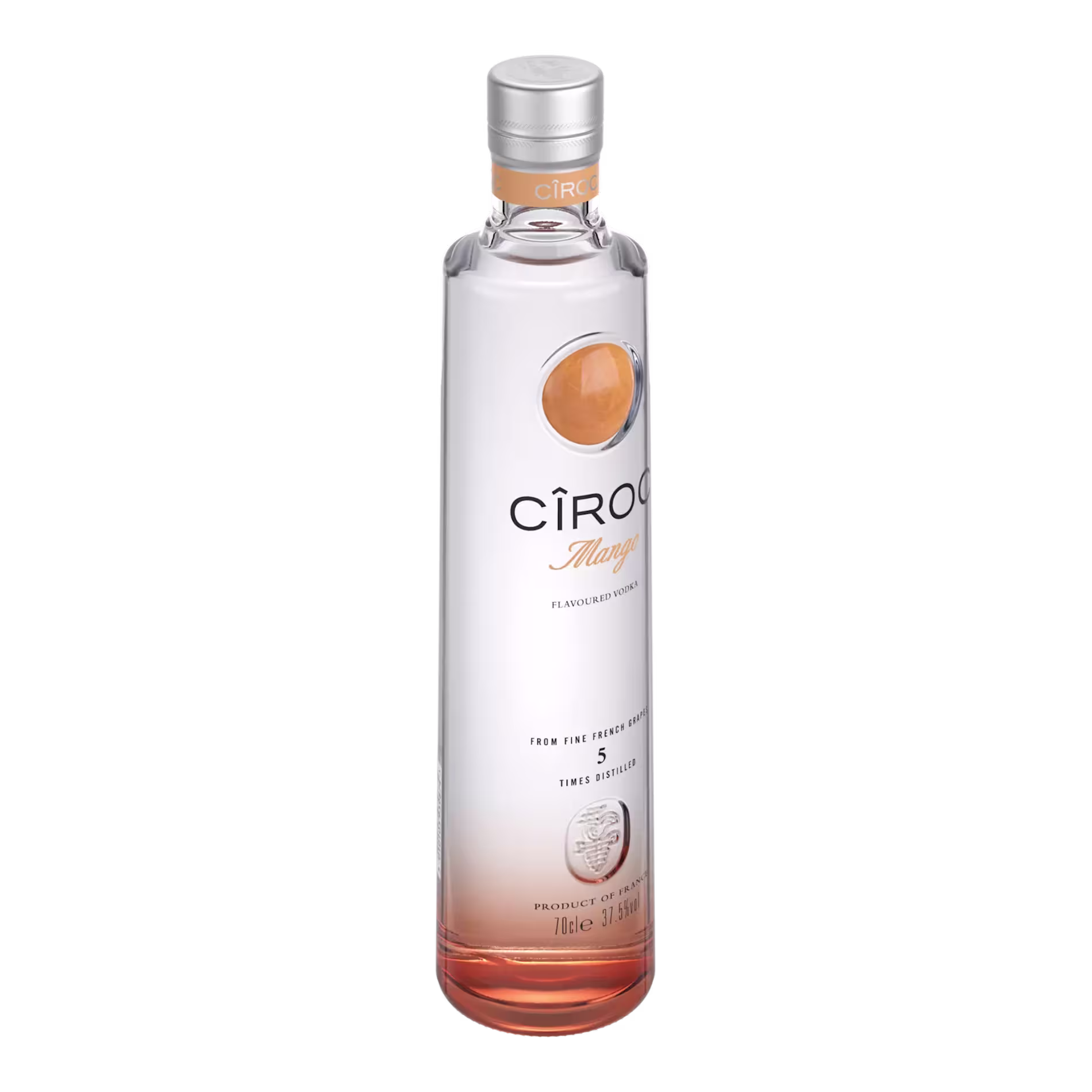 A clear bottle of Ciroc Mango vodka with an orange label and cap, featuring a gradient orange design at the base and a mango illustration near the top.