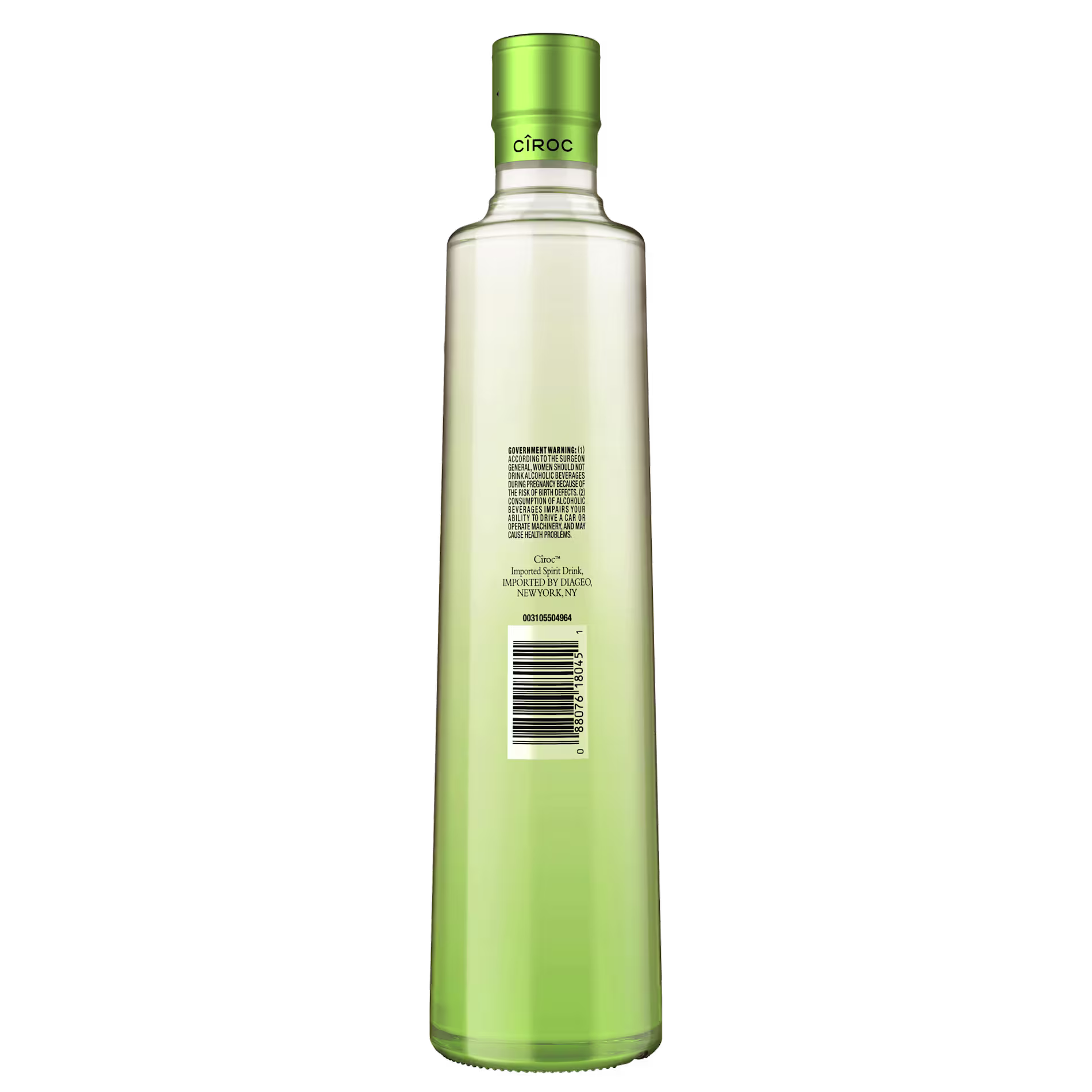 A tall, green-tinted bottle of Cîroc vodka shown from the back, featuring a barcode and product information on the label.
