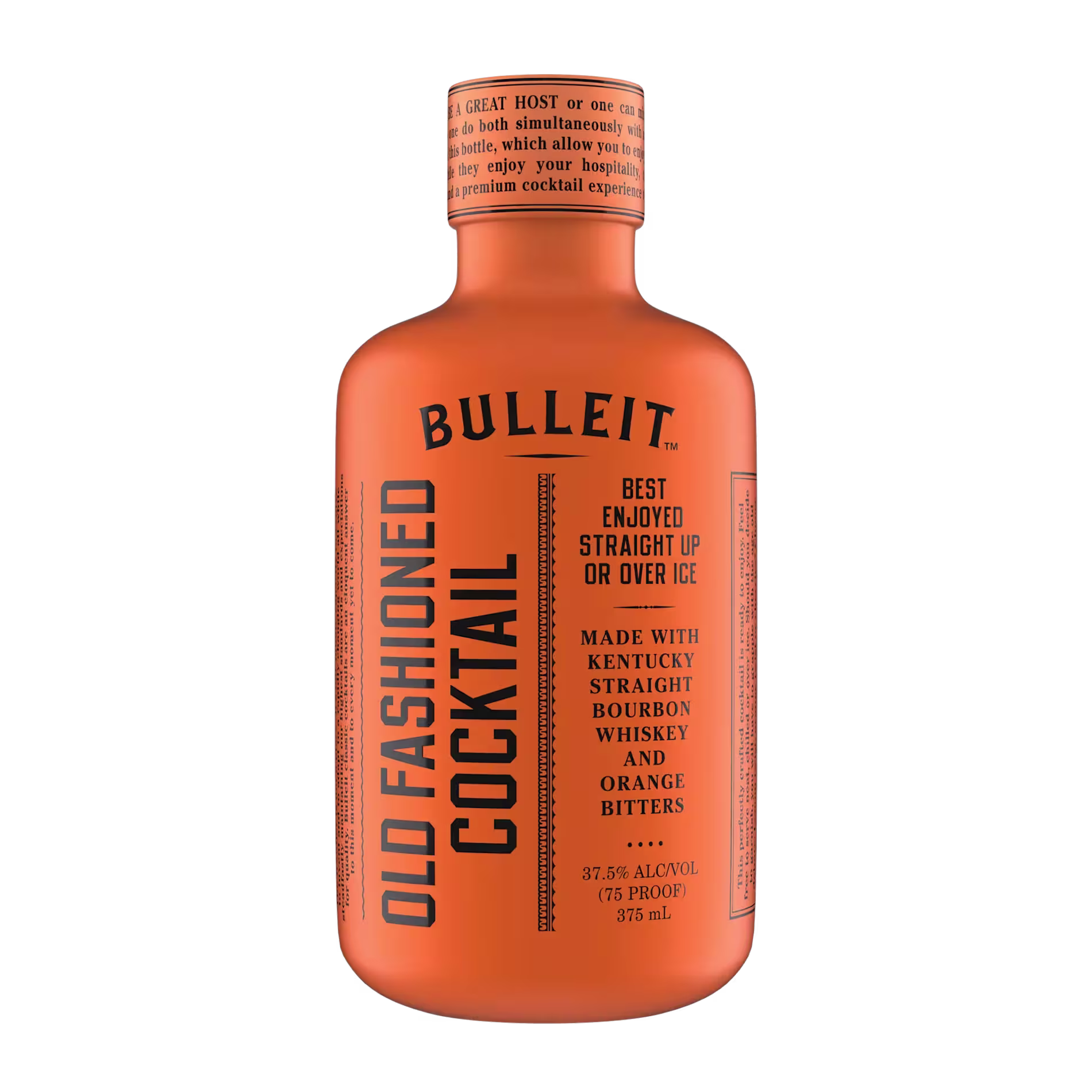 An orange bottle of Bulleit Old Fashioned Cocktail, labeled with product details, including bourbon whiskey and orange bitters, 37.5% alcohol by volume, 375 ml.