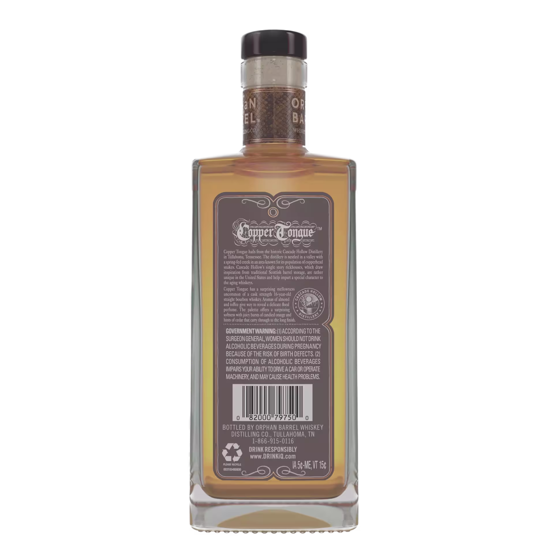 A rectangular bottle of Copper Tongue whiskey shown from the back, displaying the product label, barcode, and government warning.
