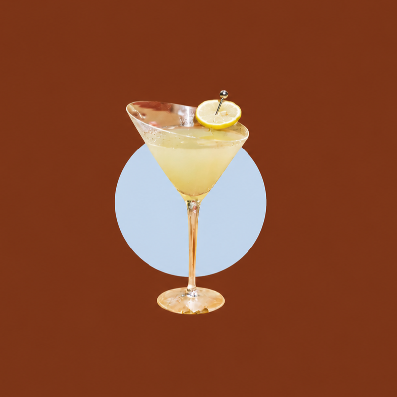 A martini glass with a yellow cocktail and lemon garnish is shown on a brown background, with text listing drinks served in this glass: Manhattan, vesper, martini, cosmopolitan.
