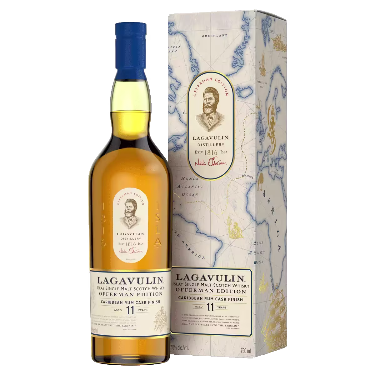 A bottle of Lagavulin Offerman Edition 11 Year Old Single Malt Scotch Whisky stands next to its matching decorative box with nautical and map-themed designs.