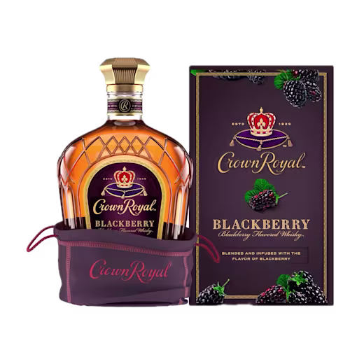 Crown Royal Blackberry Flavored Whisky bottle next to its matching box, featuring blackberry graphics and product details on the packaging.