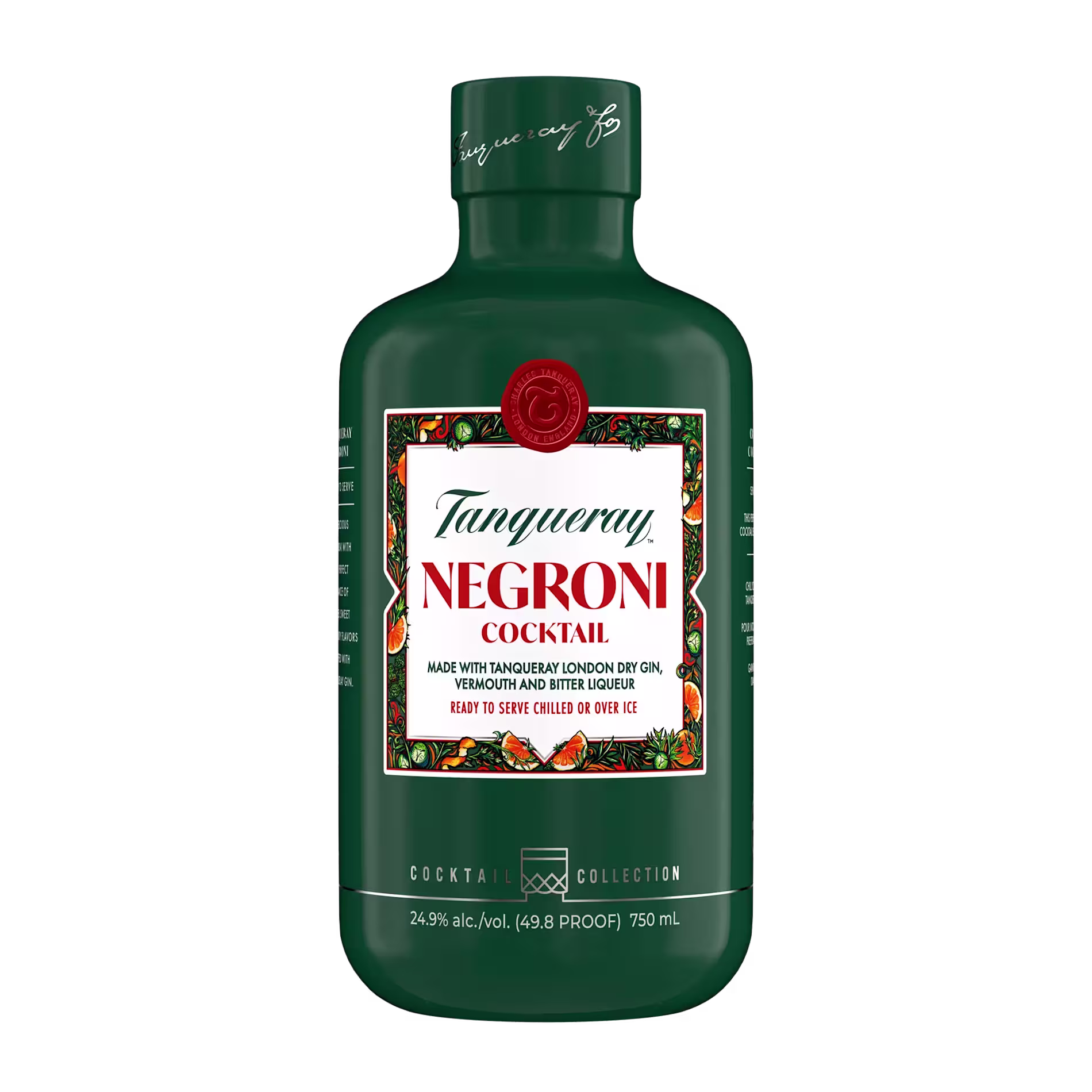 A bottle of Tanqueray Negroni Cocktail, 750 ml, featuring a dark green label with red and white text and orange illustrations. Alcohol content is 24.9% ABV.
