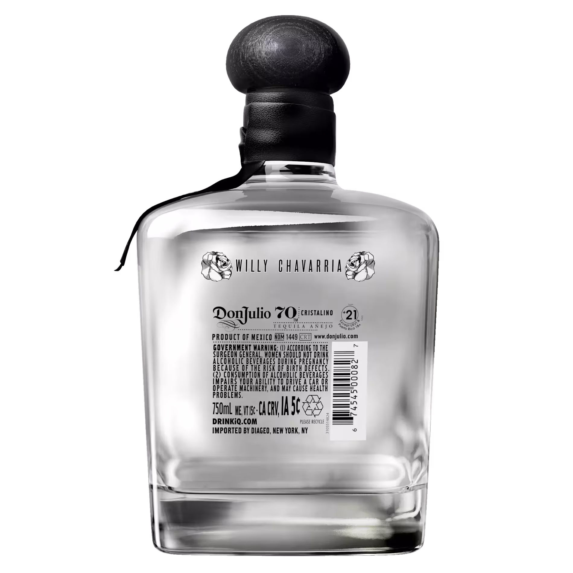 Clear glass bottle of Don Julio 70 Cristalino tequila, featuring branding and product details with “Willy Chavarria” printed on the upper front label.