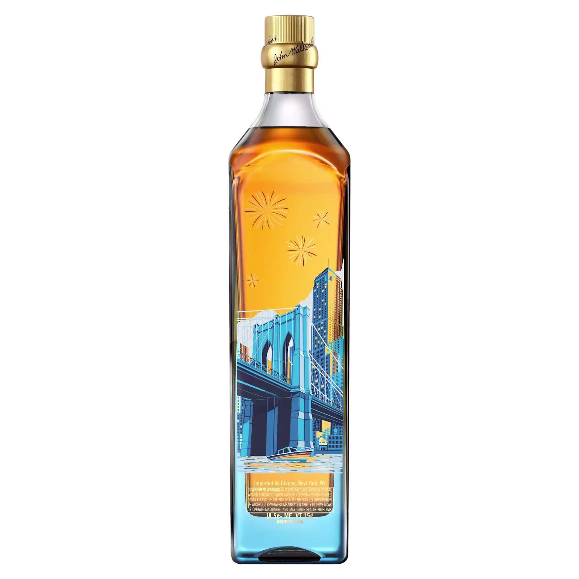 A bottle of whisky with a gold cap, featuring an illustrated cityscape and fireworks on the label, shown against a black background.