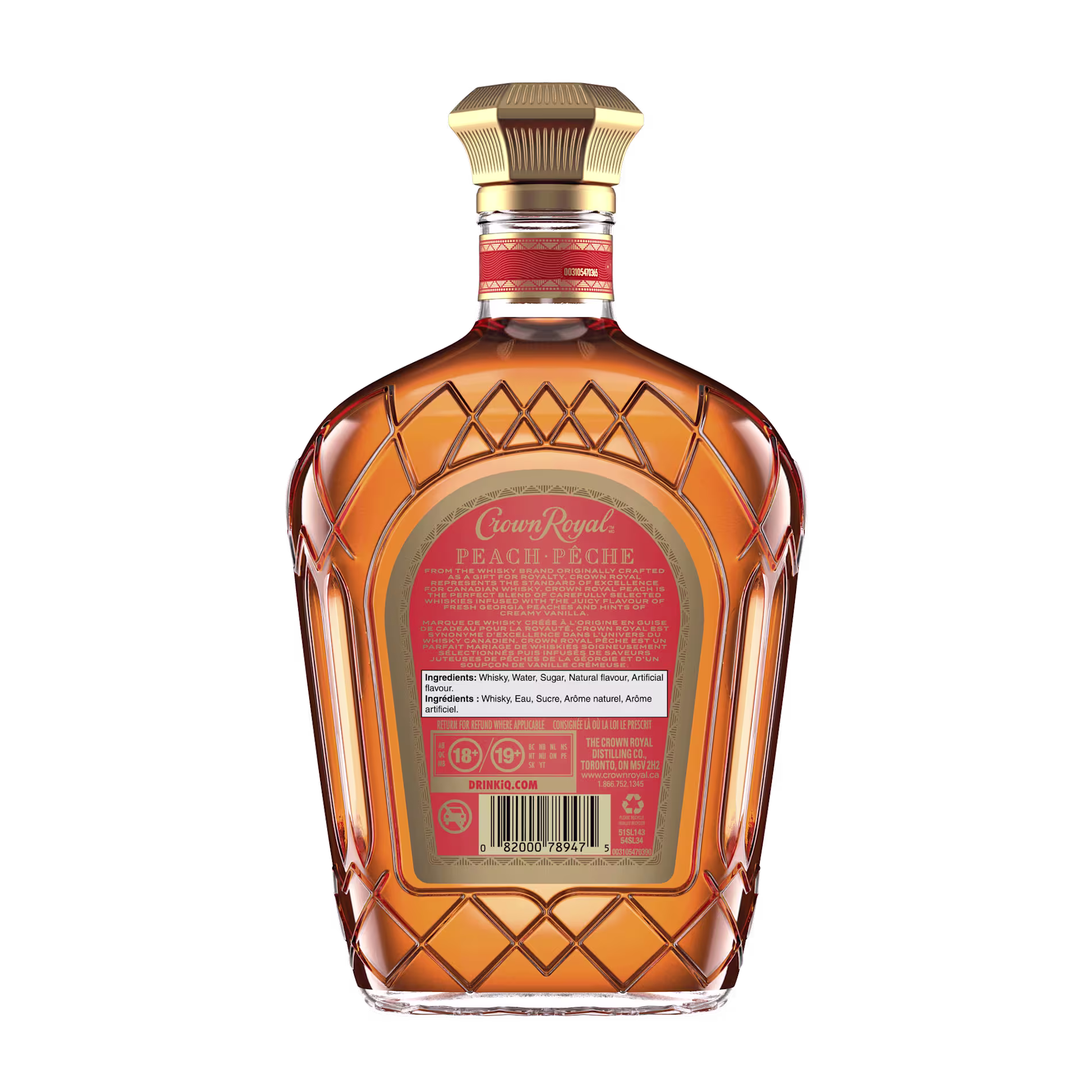A bottle of Crown Royal Peach whisky shown from the back, displaying the label with product information and ingredients.