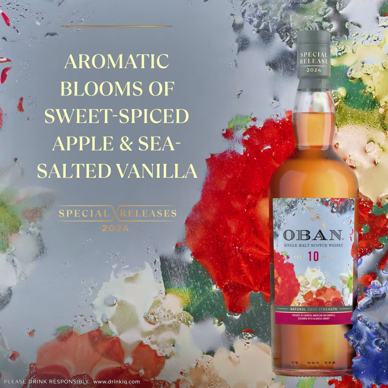 A bottle of Oban 10 Year Old Special Release 2024 whisky is displayed beside text describing its flavor notes, with a colorful abstract background.