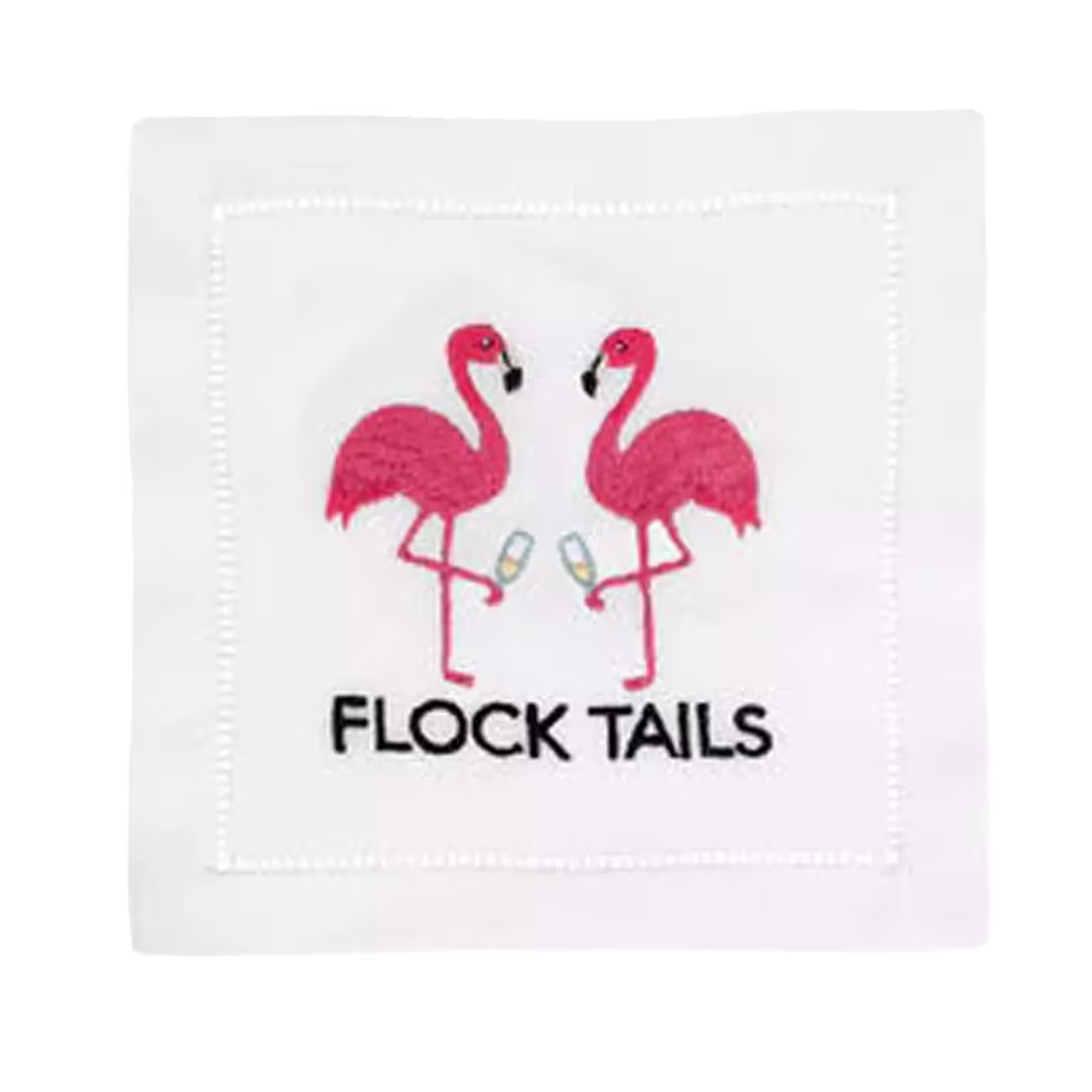 Embroidered image of two pink flamingos facing each other, each holding a cocktail, with the text FLOCK TAILS below them.