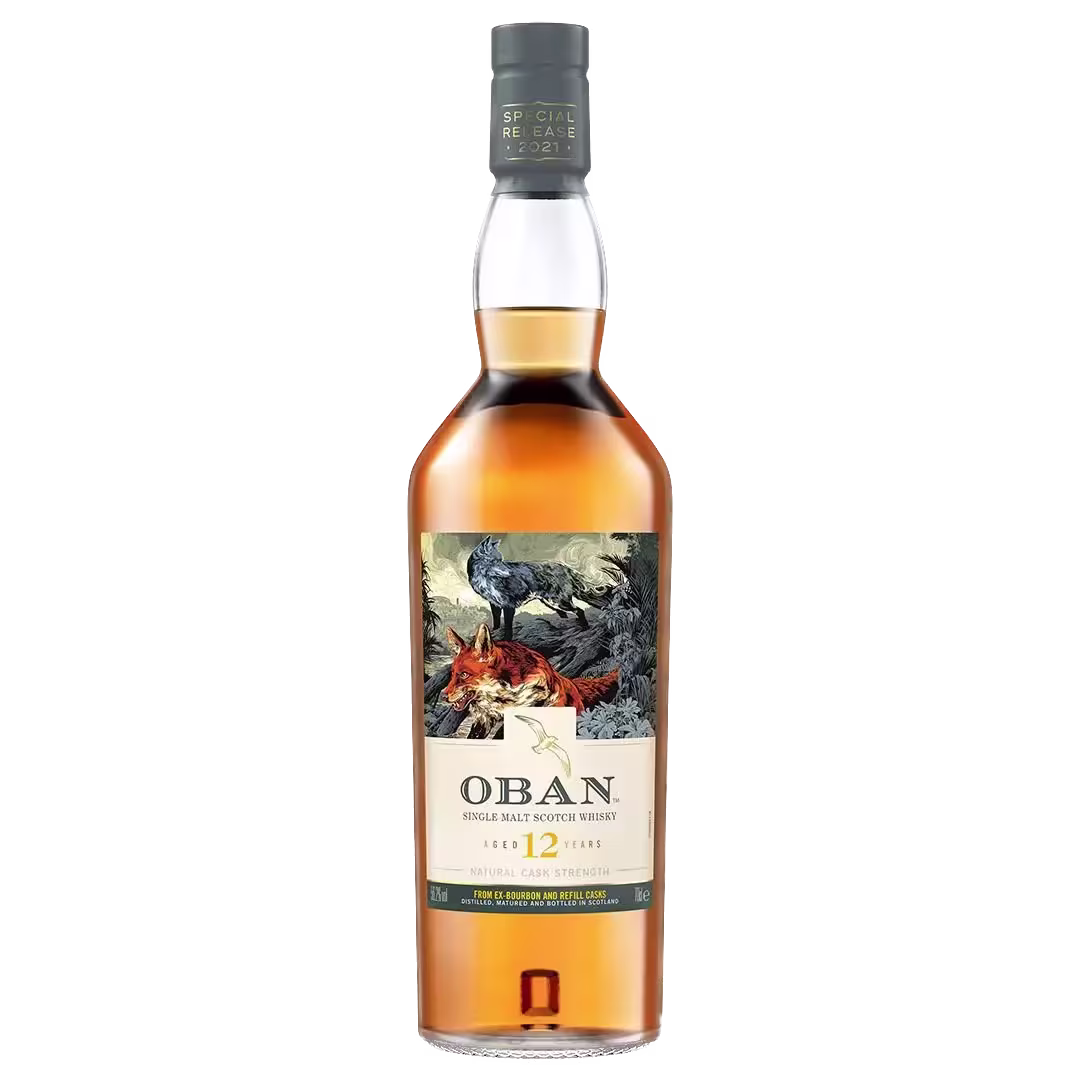 A bottle of Oban 12 Year Old Single Malt Scotch Whisky with a special release label featuring animal illustrations.