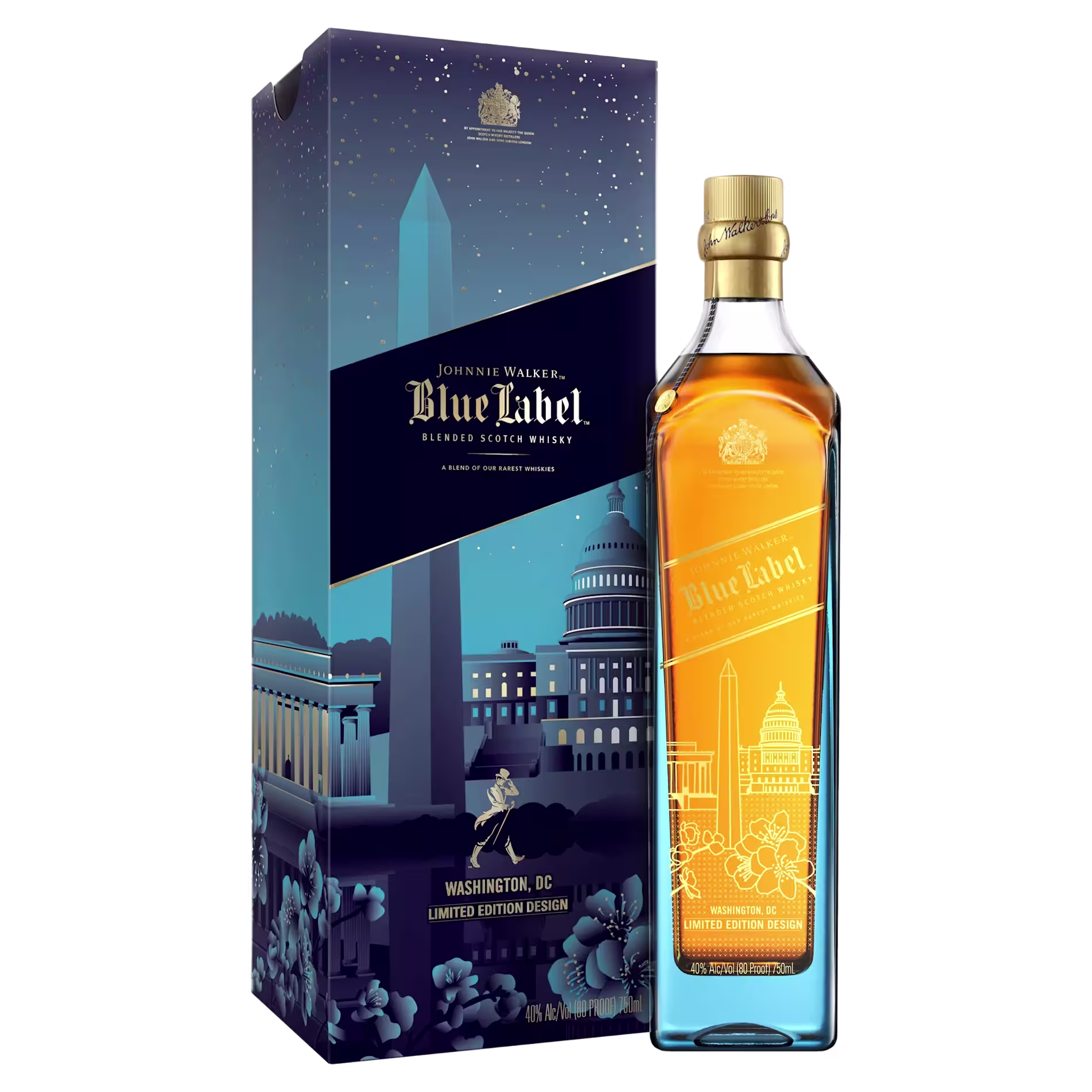 Johnnie Walker Blue Label bottle with limited edition Washington, DC design, shown next to its decorative box featuring city landmarks.