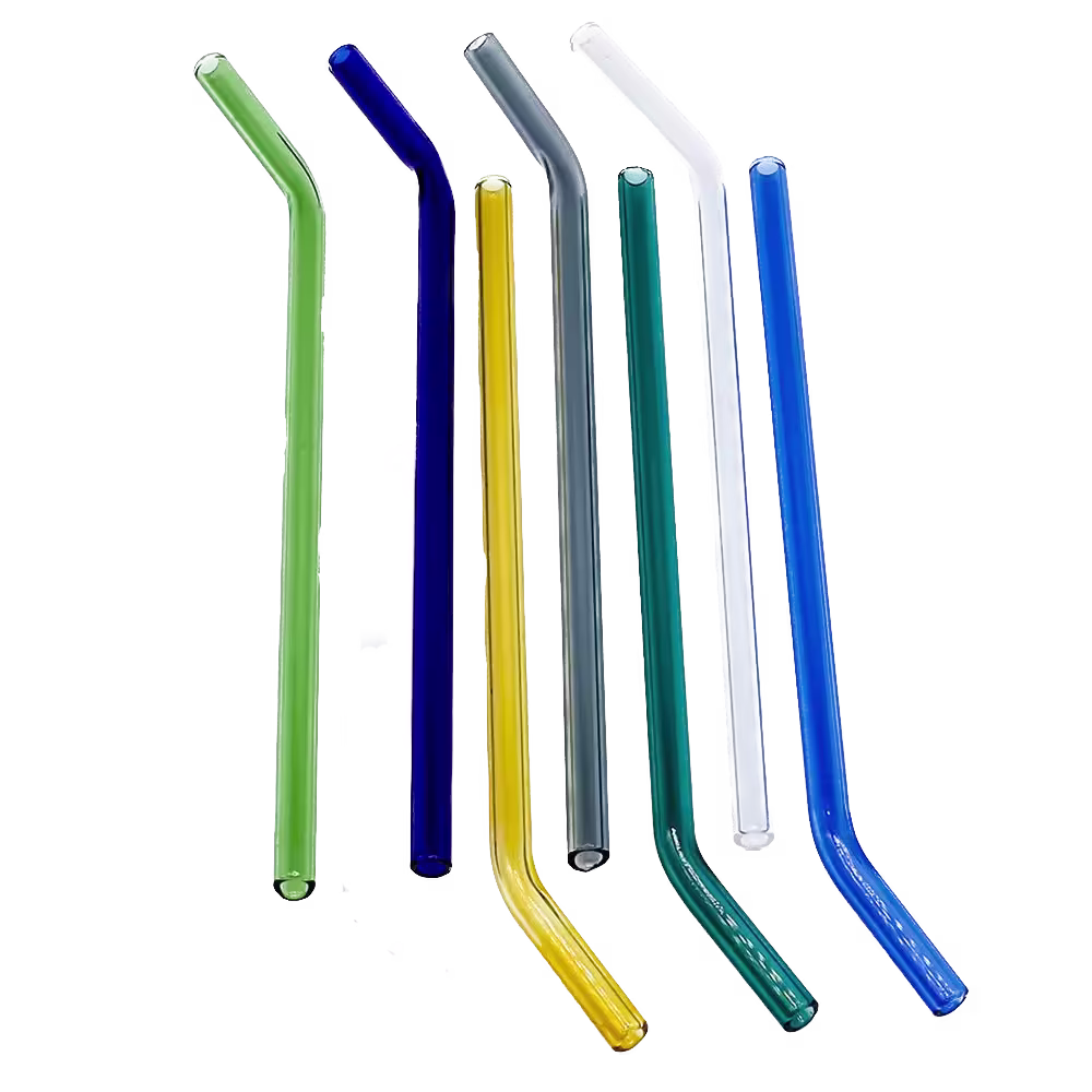 Seven colorful reusable glass straws, each with a bent neck, are arranged side by side against a plain black background.