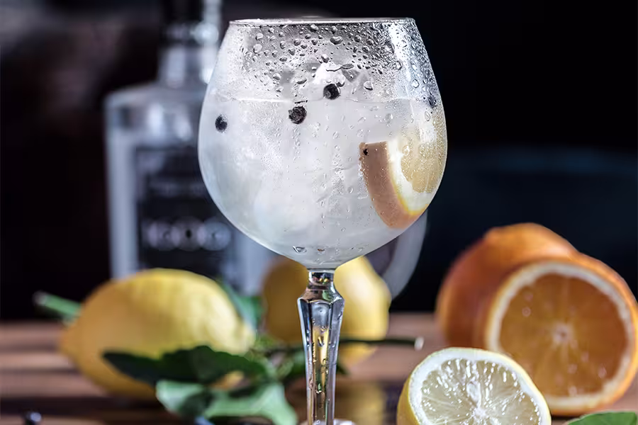 A glass of clear cocktail with ice, lemon wedge, and juniper berries, surrounded by whole and sliced lemons and oranges on a wooden surface.