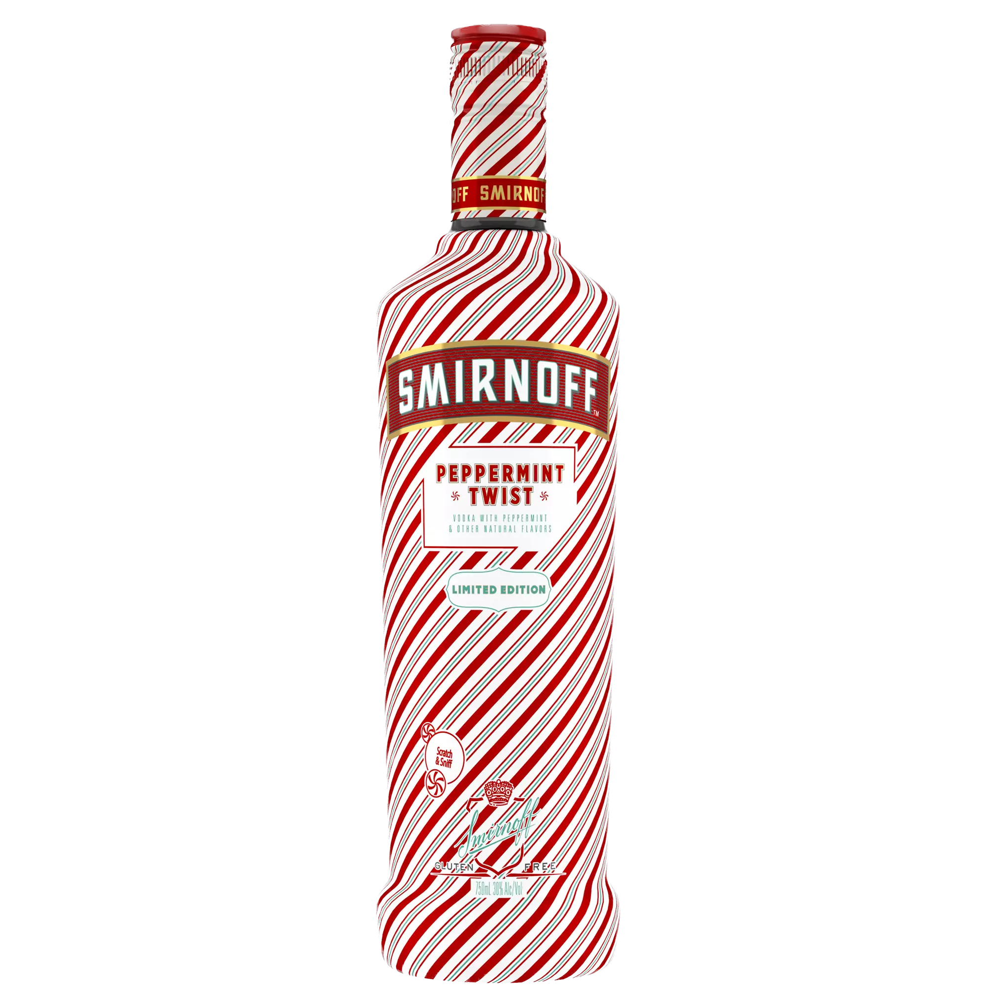 A bottle of Smirnoff Peppermint Twist vodka with a red and white candy cane striped design and labeled as a limited edition.