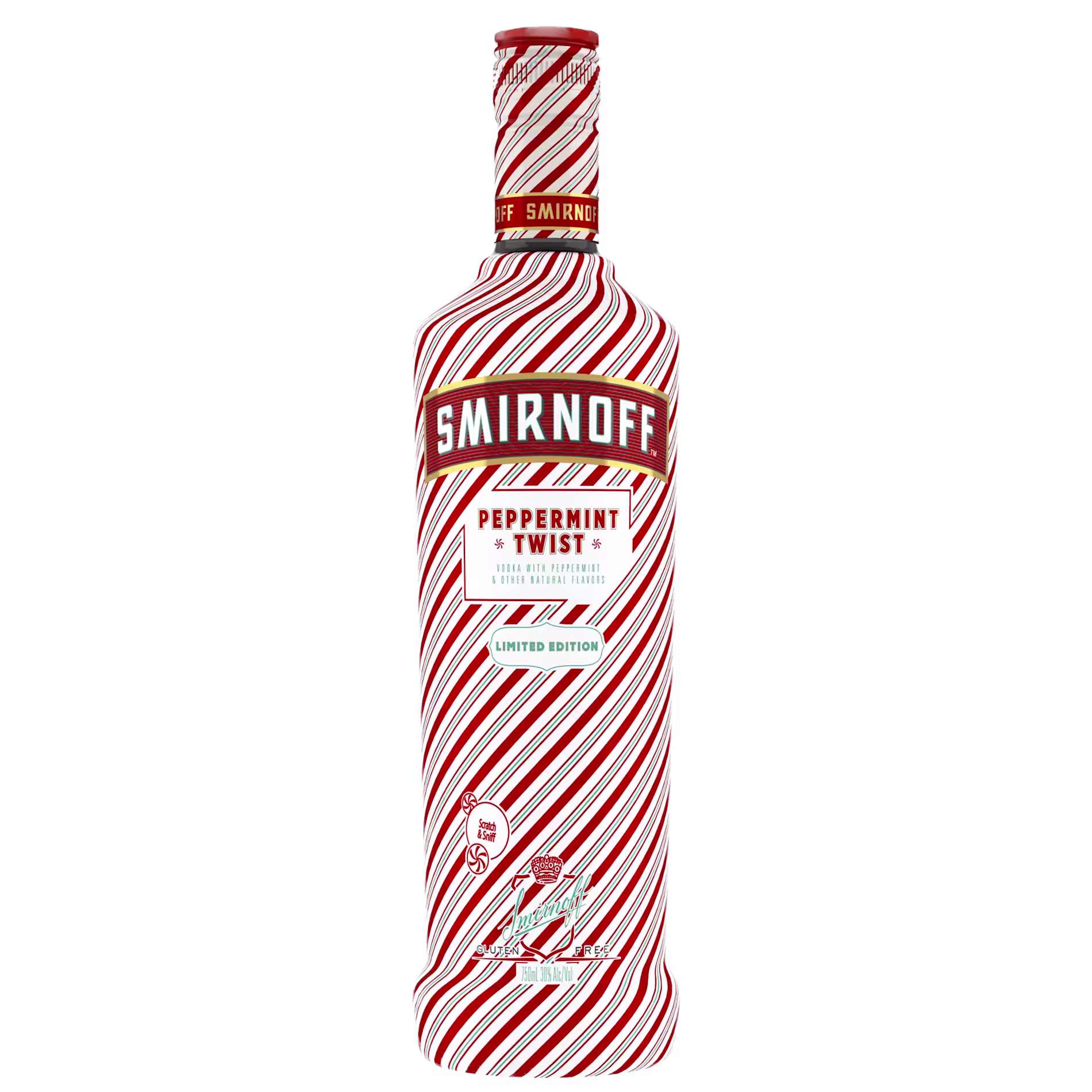 A bottle of Smirnoff Peppermint Twist vodka with a red and white candy cane striped design and labeled as a limited edition.