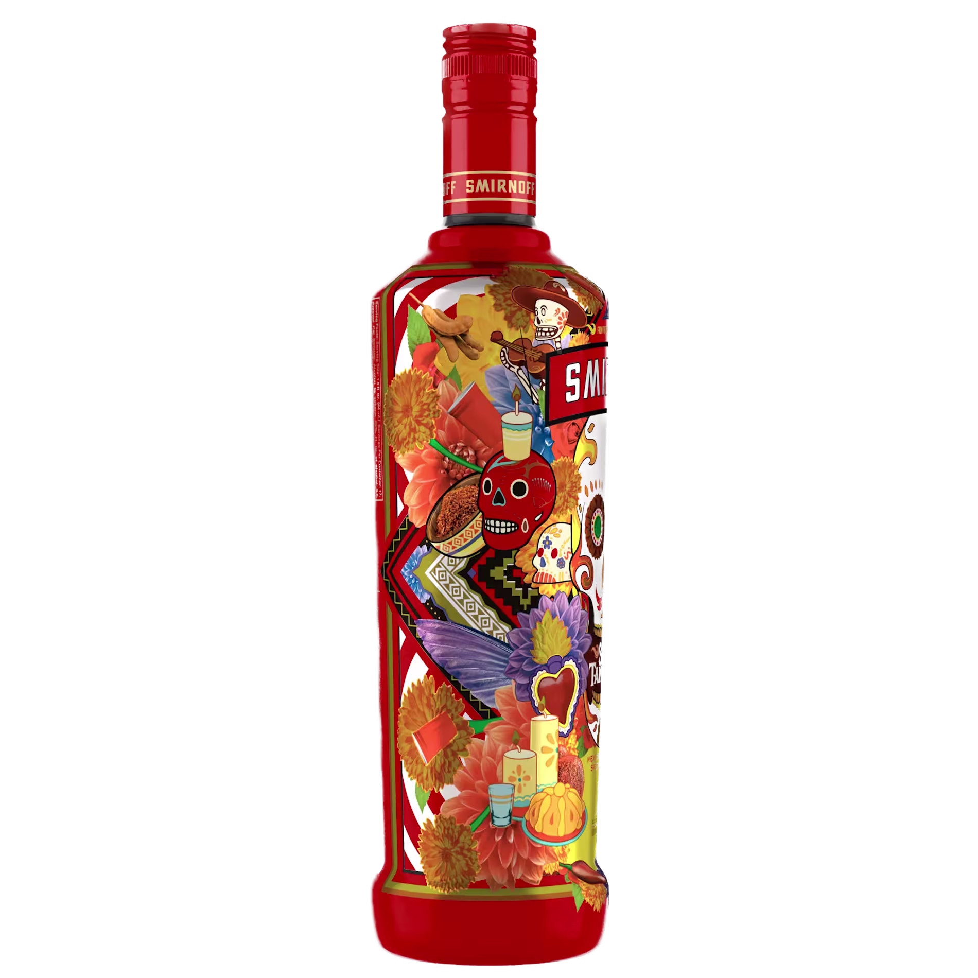 A red Smirnoff vodka bottle decorated with colorful Day of the Dead-themed artwork, including flowers, skulls, and festive patterns.