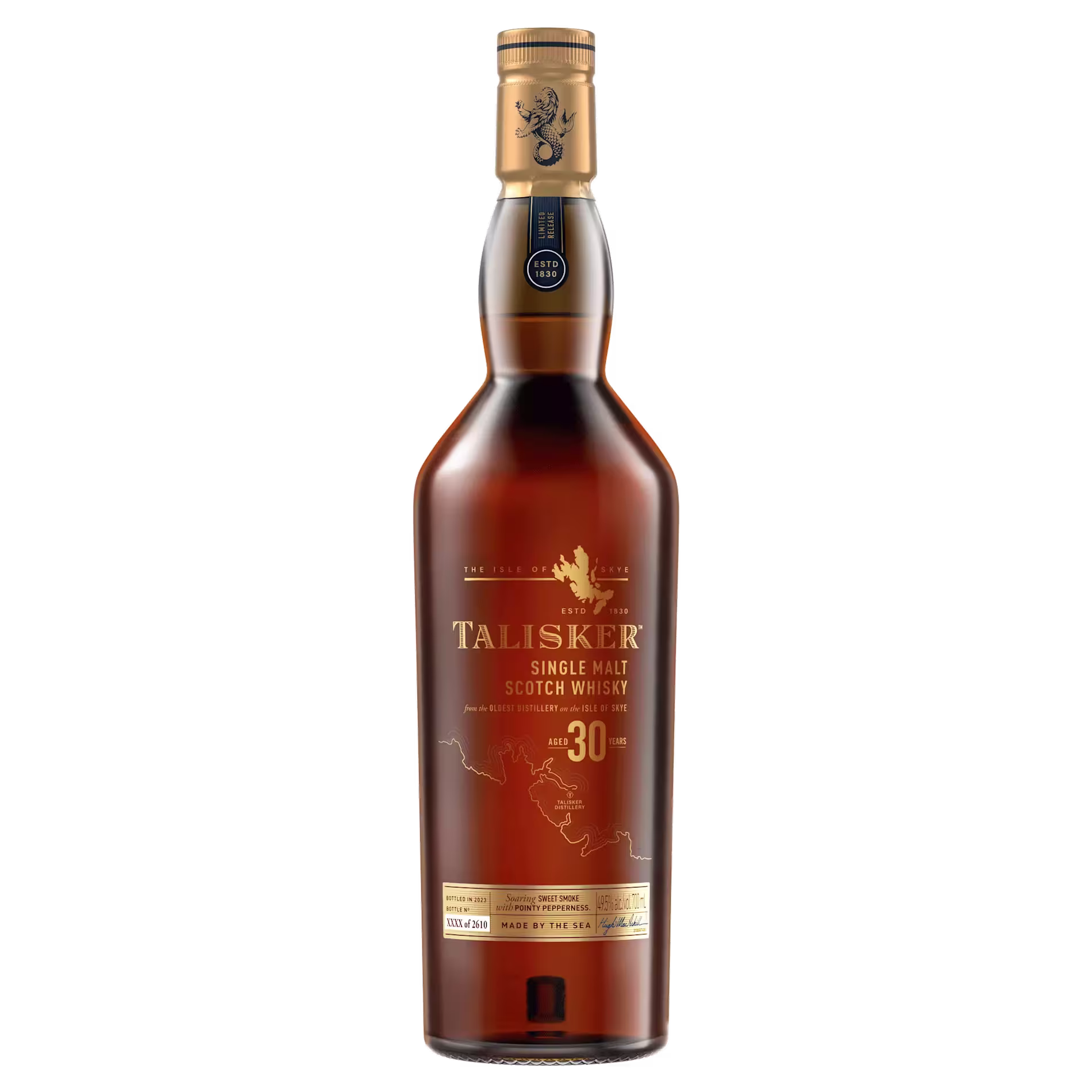 A bottle of Talisker 30 Year Old Single Malt Scotch Whisky with a gold and black label and a gold cap.