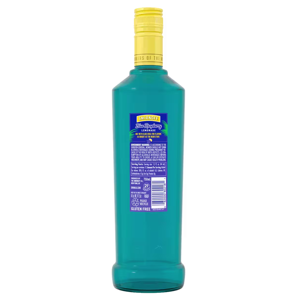A blue bottle of Smirnoff Blue Raspberry vodka with a yellow cap, shown from the back displaying the product label and nutritional information.