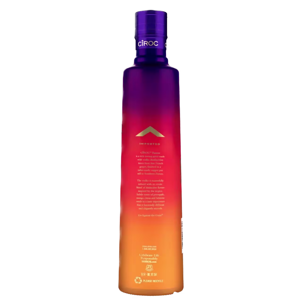 A gradient bottle of Ciroc vodka, transitioning from purple at the top to orange at the bottom, with white and gold text on the front.