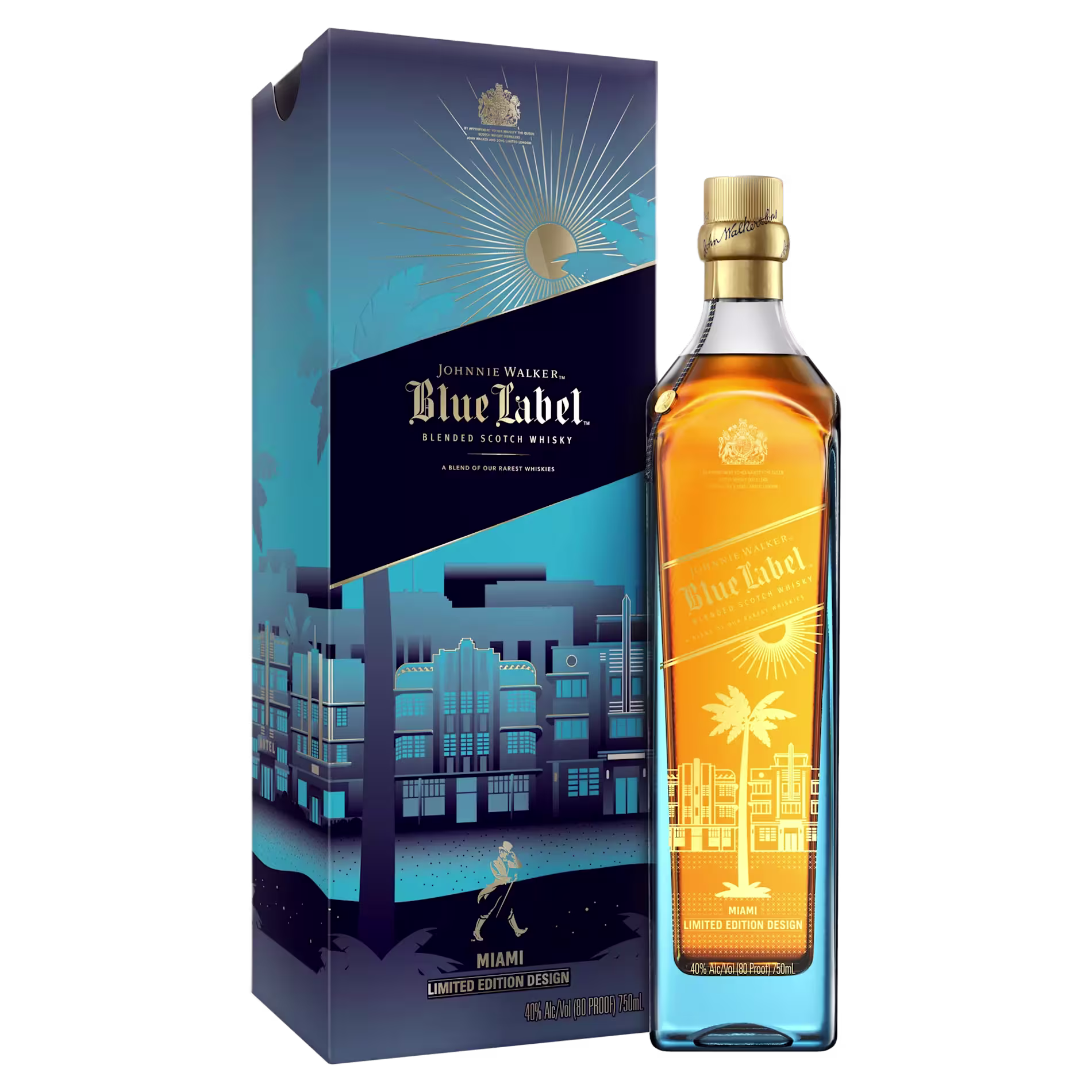 A bottle of Johnnie Walker Blue Label Blended Scotch Whisky with a limited edition Miami-themed design, shown next to its matching decorative box.