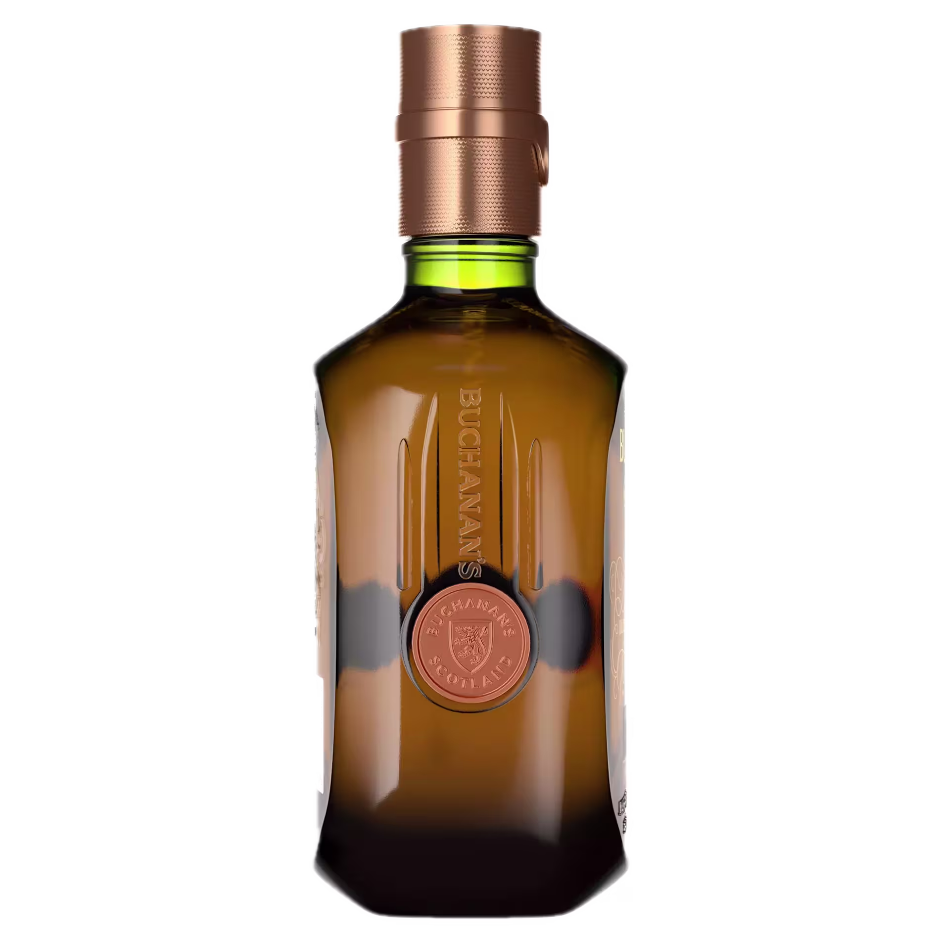 A brown glass bottle of Buchanan’s Scotch whisky with a copper-colored cap and embossed label on the front.