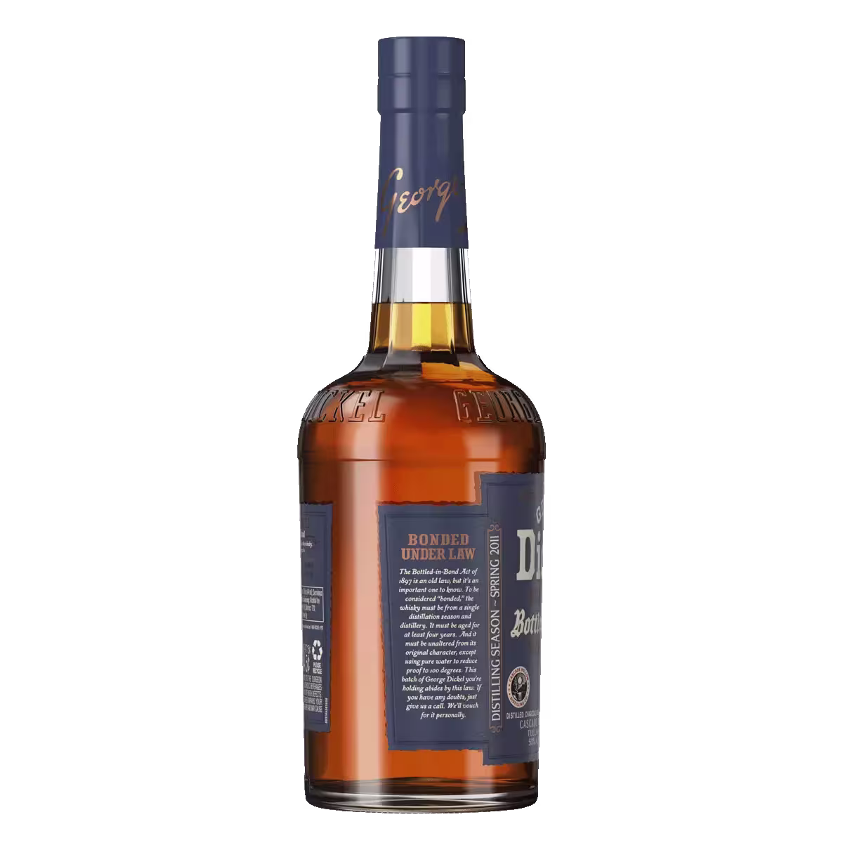 A bottle of George Dickel Bourbon Whiskey with a blue label and sealed cap, shown against a black background.