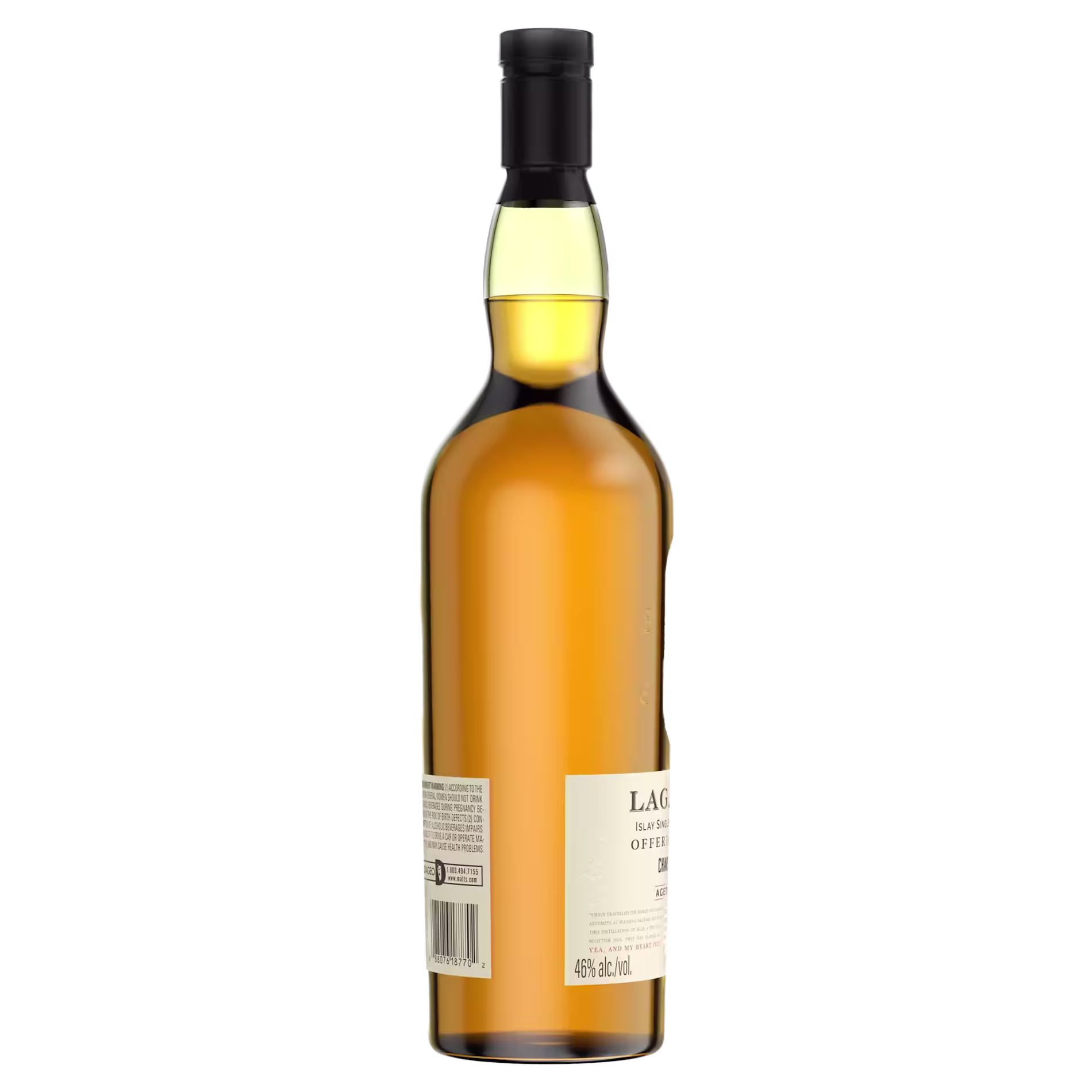 A clear glass bottle of whisky with a black cap, shown from the back with the label partially visible and barcode on the left side.