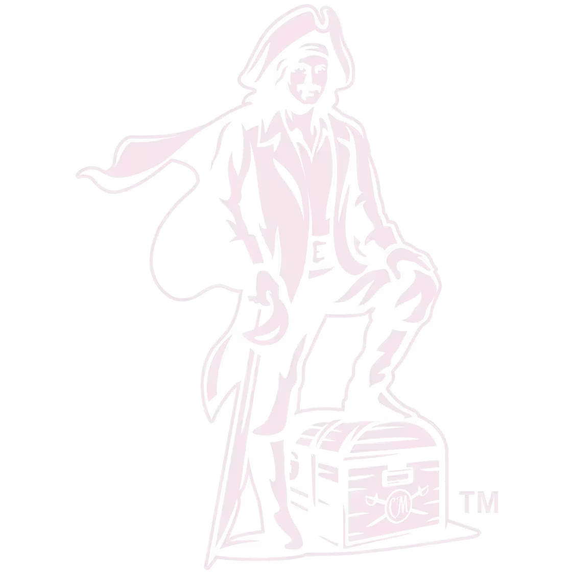 Captain Morgan logo featuring a pirate standing with one foot on a treasure chest on a maroon background