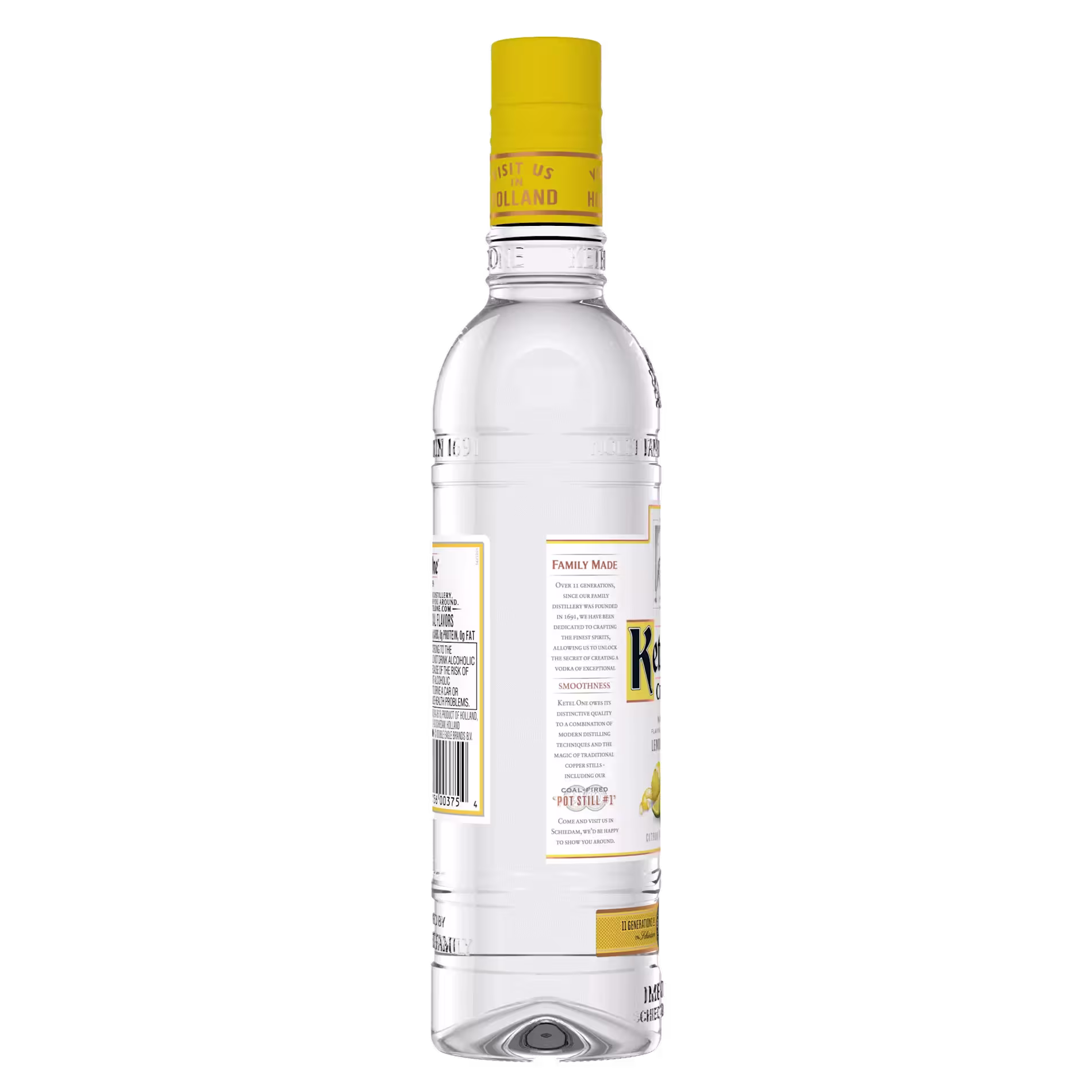 A clear glass liquor bottle with a yellow cap and label, shown from an angle displaying the back label with text and barcode.