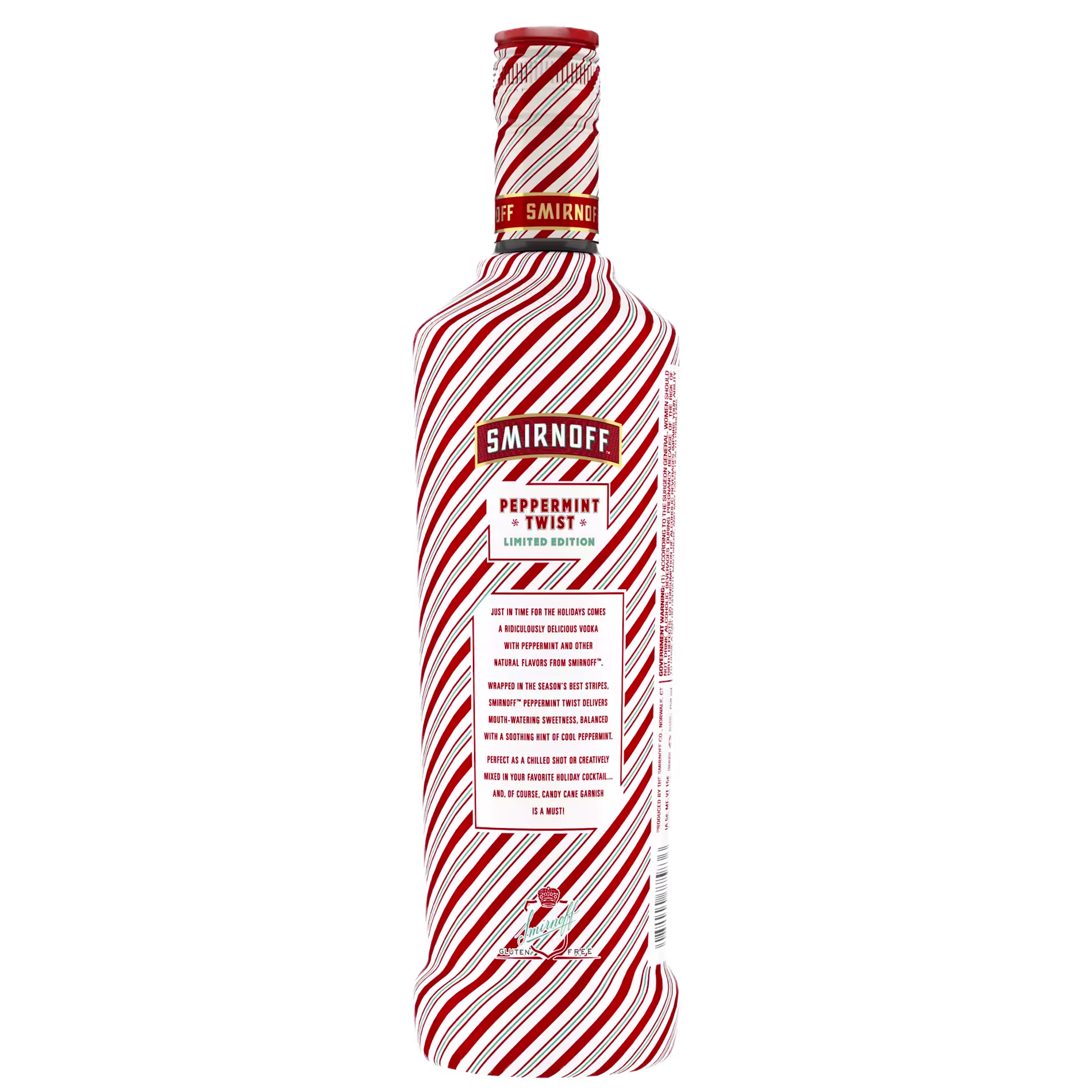 A Smirnoff Peppermint Twist limited edition vodka bottle with a red and white candy cane stripe design on the label and bottle.